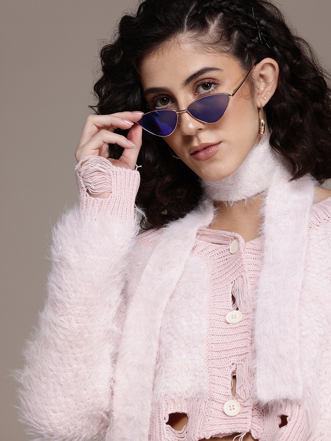 

Roadster Boucle Woollen Cardigan with Fuzzy Detail, Pink