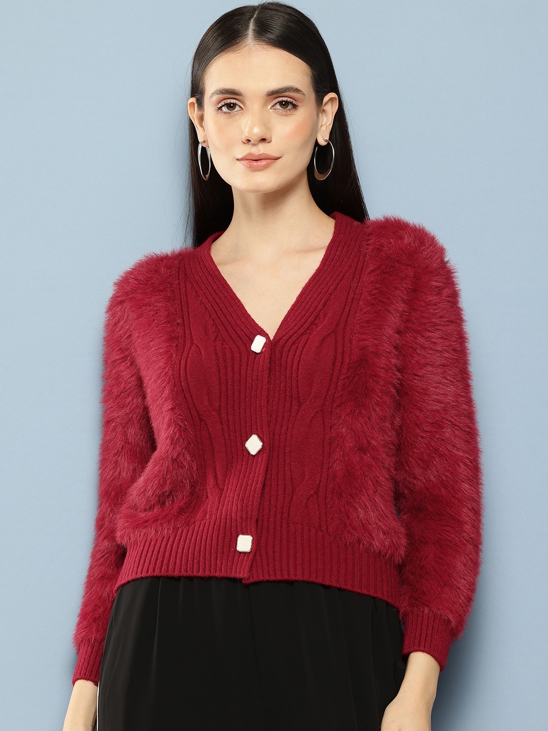 

Chemistry Boucle Woollen Cardigan with Fuzzy Detail, Maroon