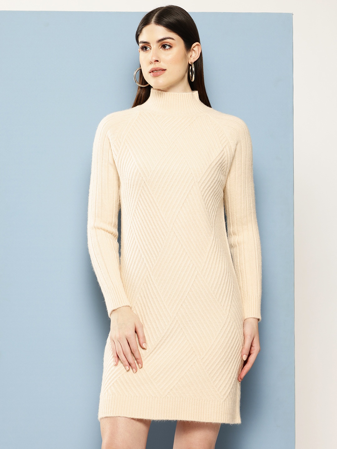 

Chemistry Woollen Self-Design High Neck Sweater Dress, Off white