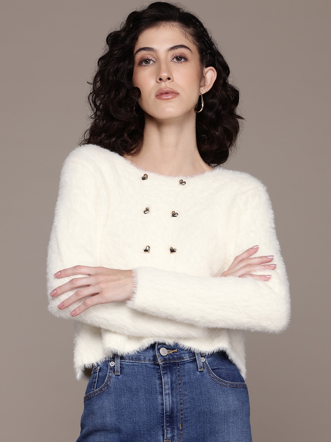 

Roadster Boucle Woollen Cardigan with Fuzzy Detail, White