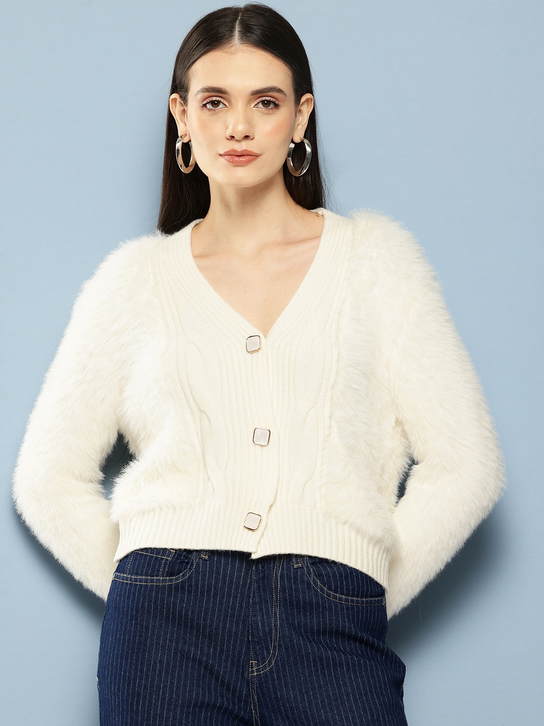 

Chemistry Woollen Cardigan with Fuzzy Detail, White