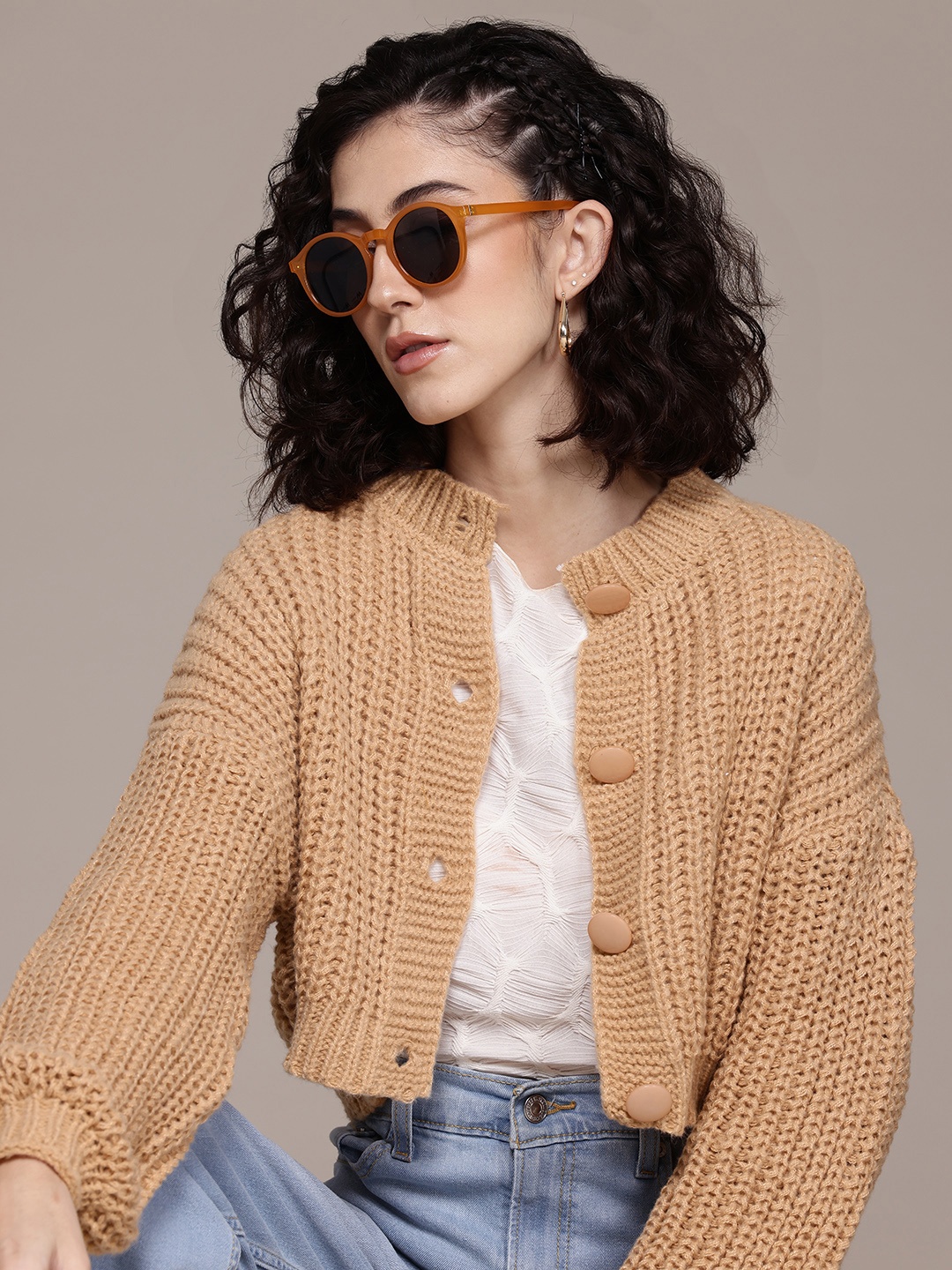 

Roadster Woollen Crop Cardigan, Beige