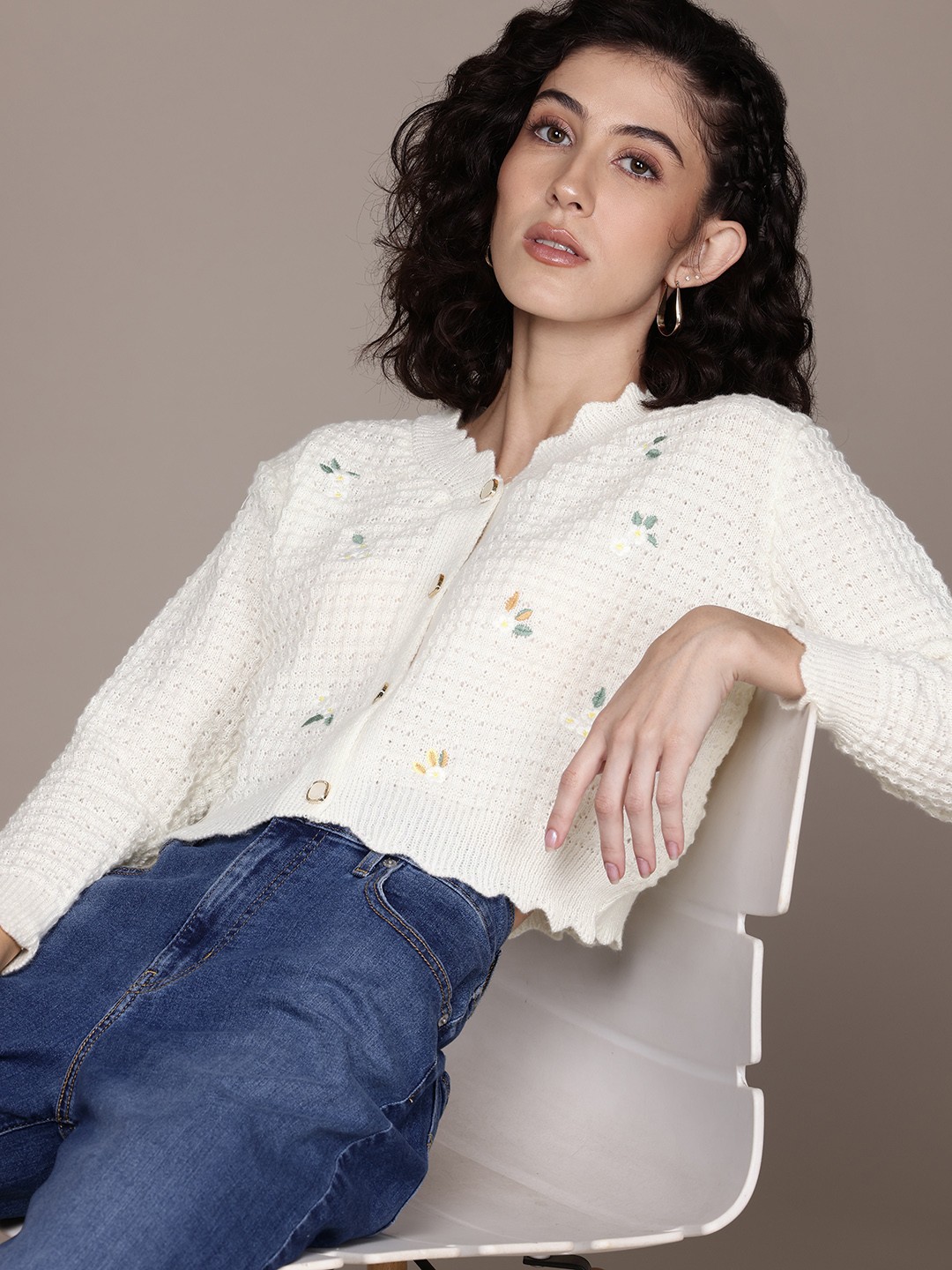 

Roadster Floral Woollen Cardigan, White