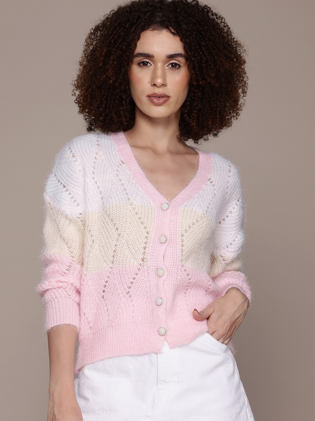 

Roadster Colourblocked Woollen Cardigan, Pink