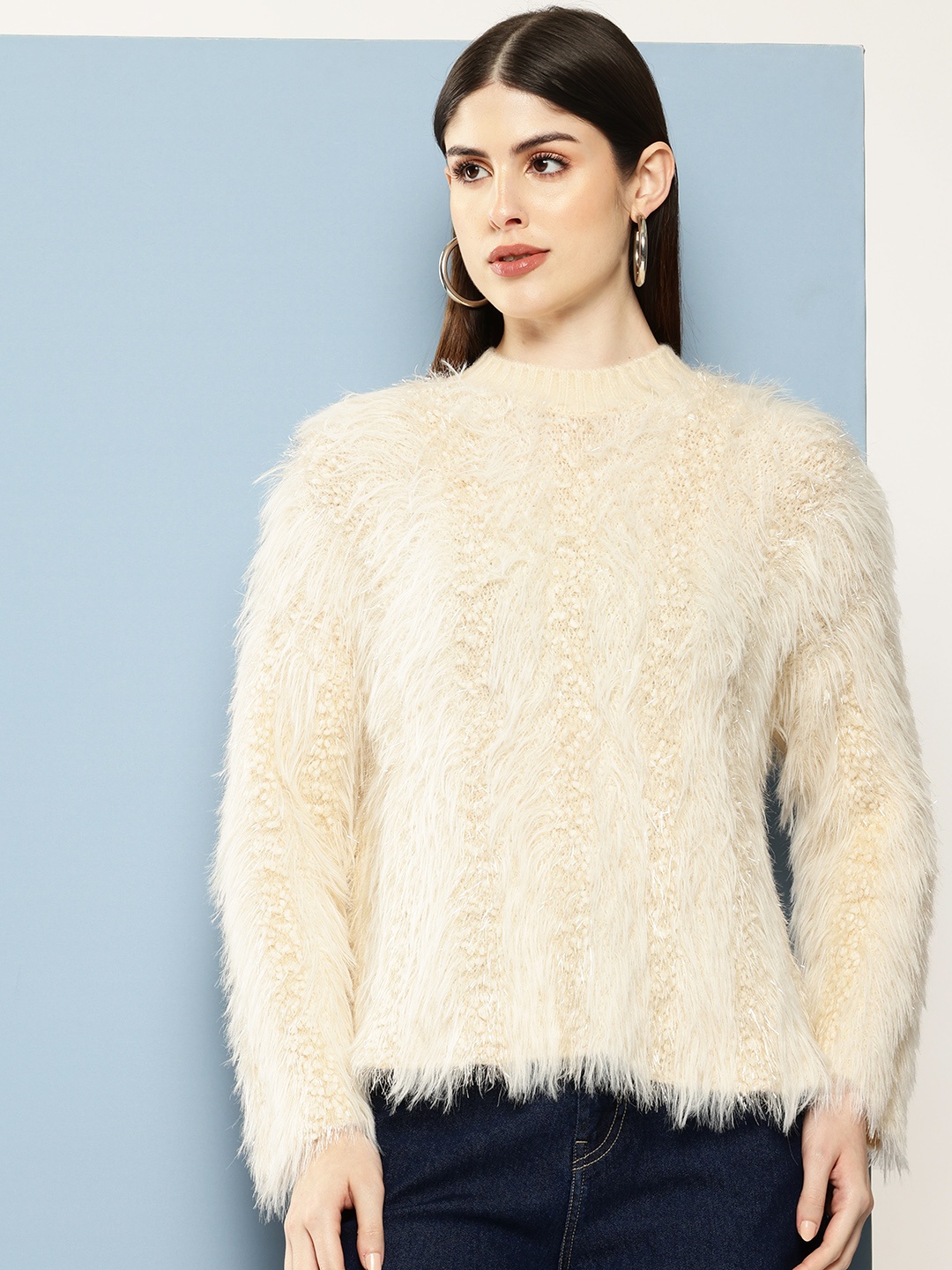 

Chemistry Boucle Woollen Pullover with Fuzzy Detail, Cream