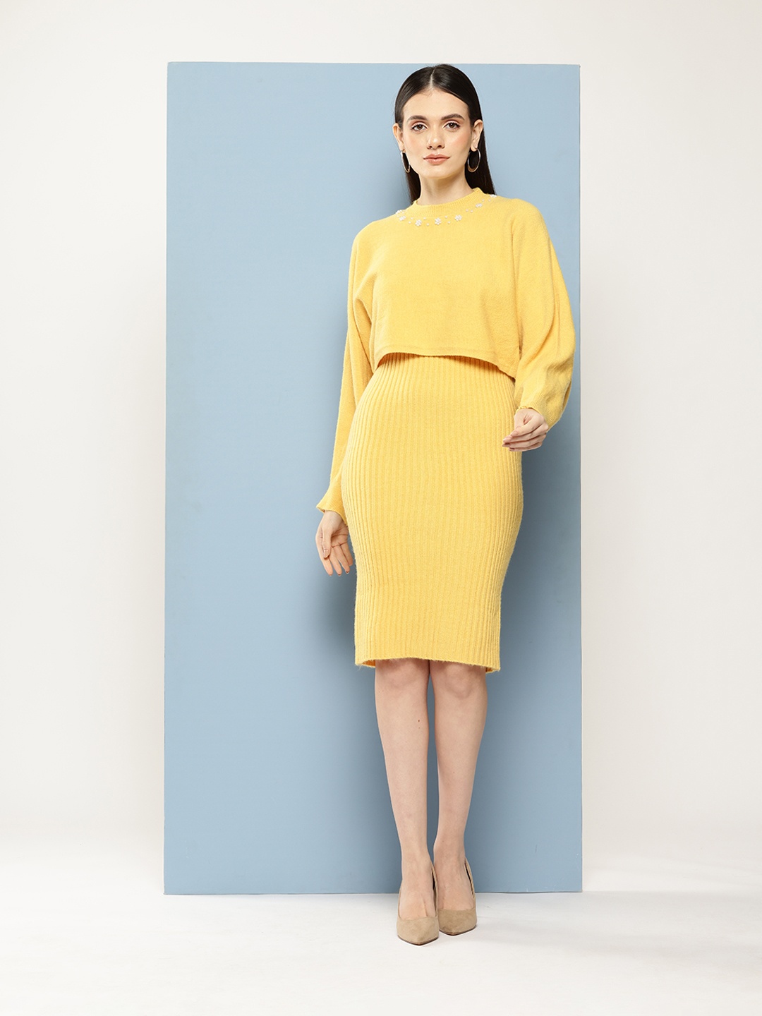 

Chemistry Woollen Crop Embellished Neck Sweater With Bodycon Dress Co-Ords, Yellow