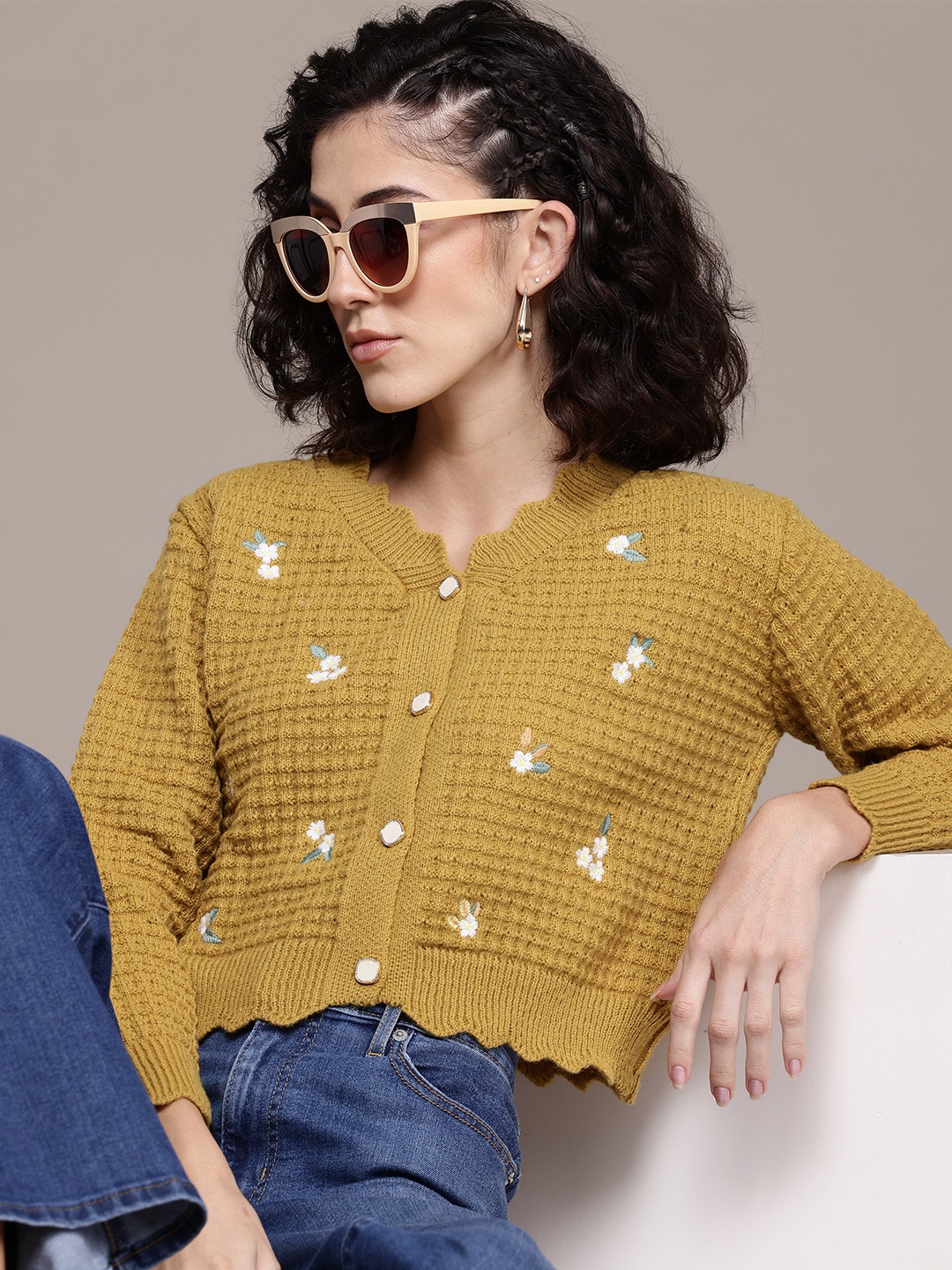 

Roadster Floral Woollen Crop Cardigan with Embroidered Detail, Mustard