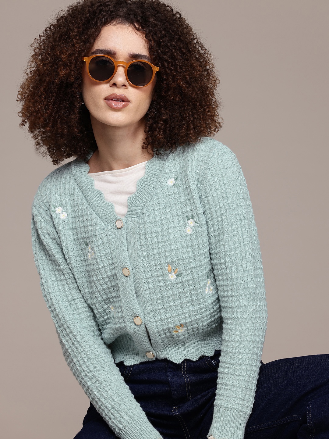 

Roadster Floral Woollen Crop Cardigan, Sea green
