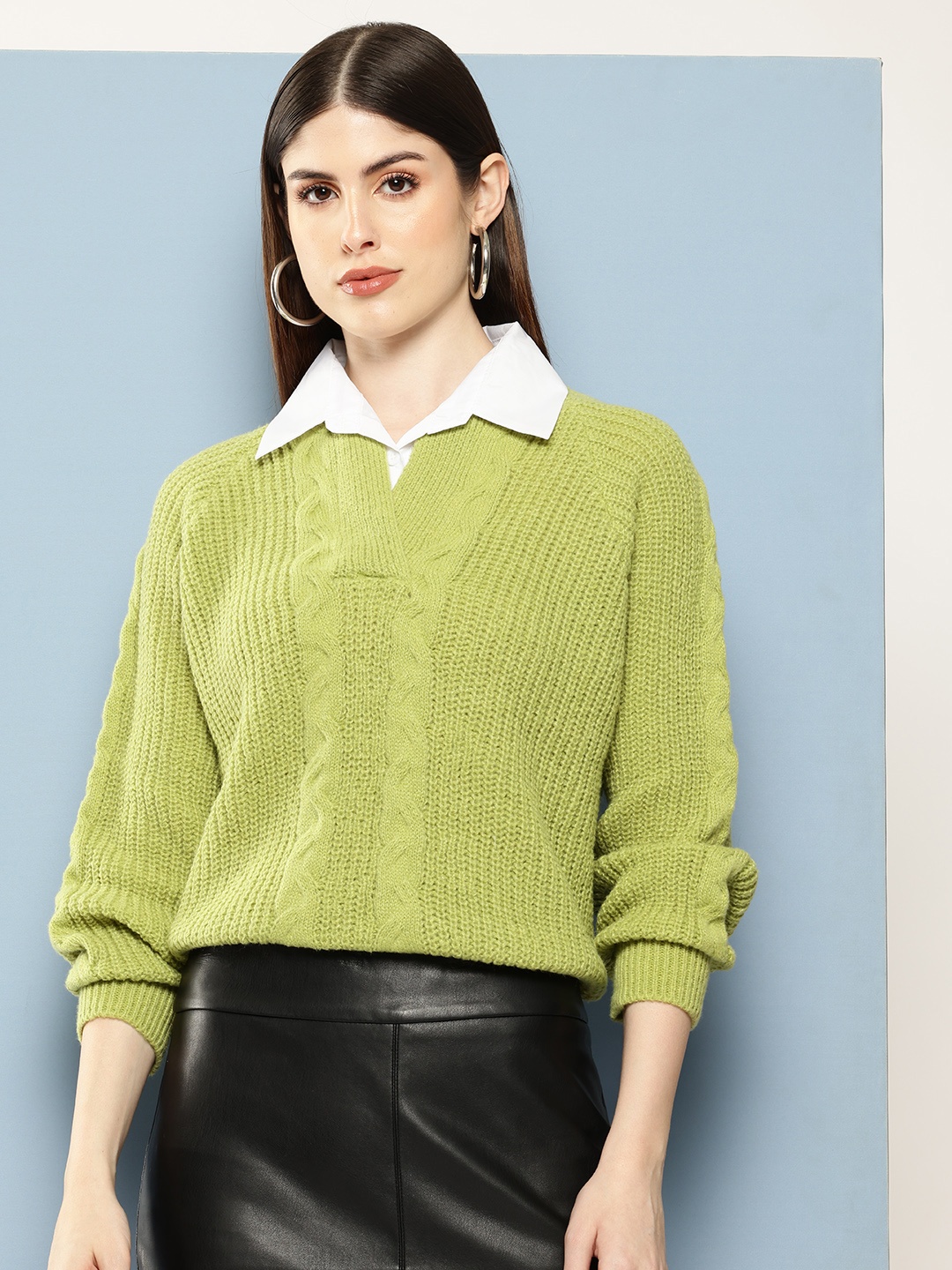 

Chemistry Women Woollen Pullover with Mock Shirt Collar, Green