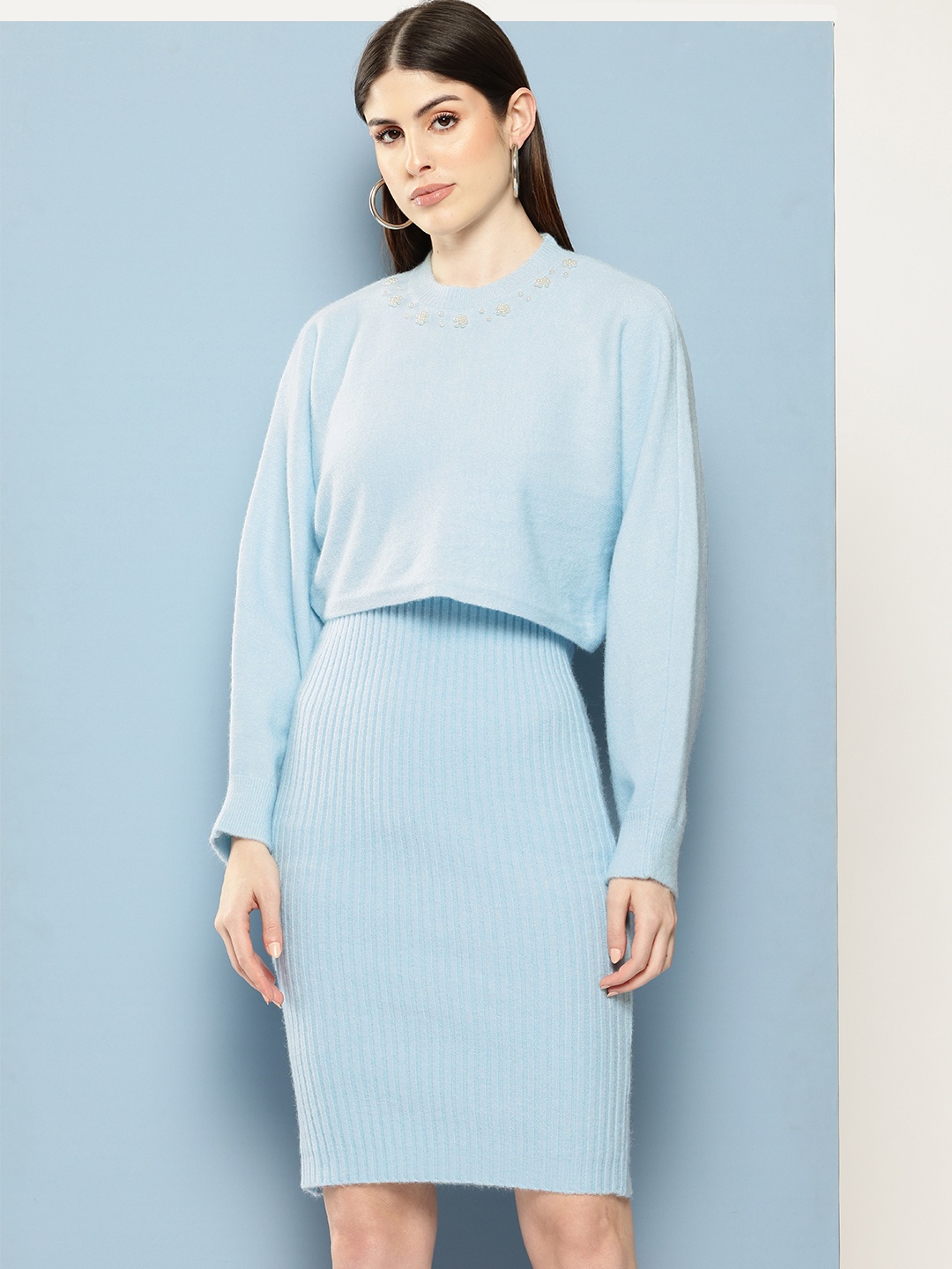 

Chemistry Woollen Crop Embellished Neck Sweater With Bodycon Dress Co-Ords, Blue