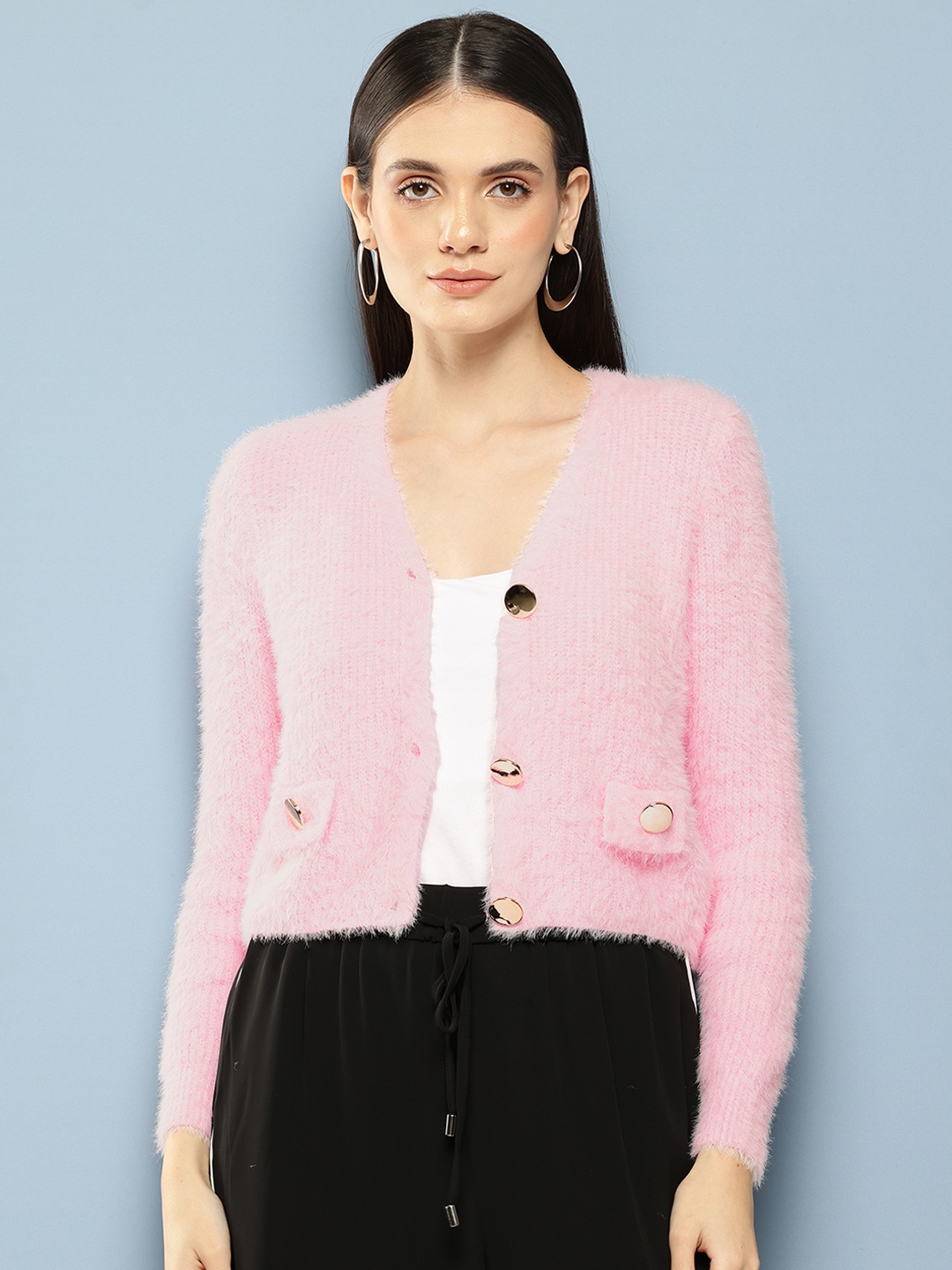 

Chemistry Boucle Woollen Cardigan with Fuzzy Detail, Pink