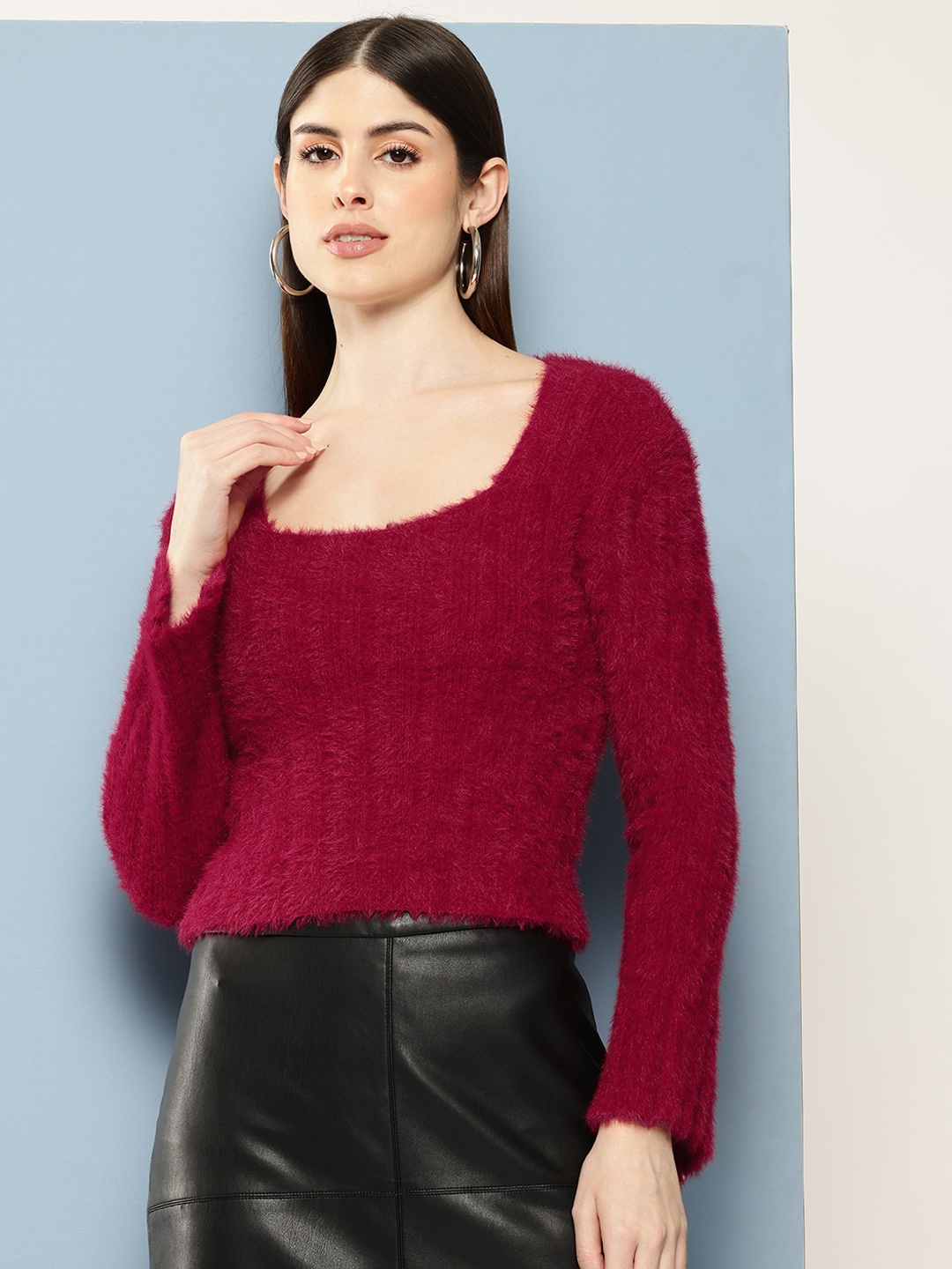 

Chemistry Boucle Woollen Pullover with Fuzzy Detail, Maroon