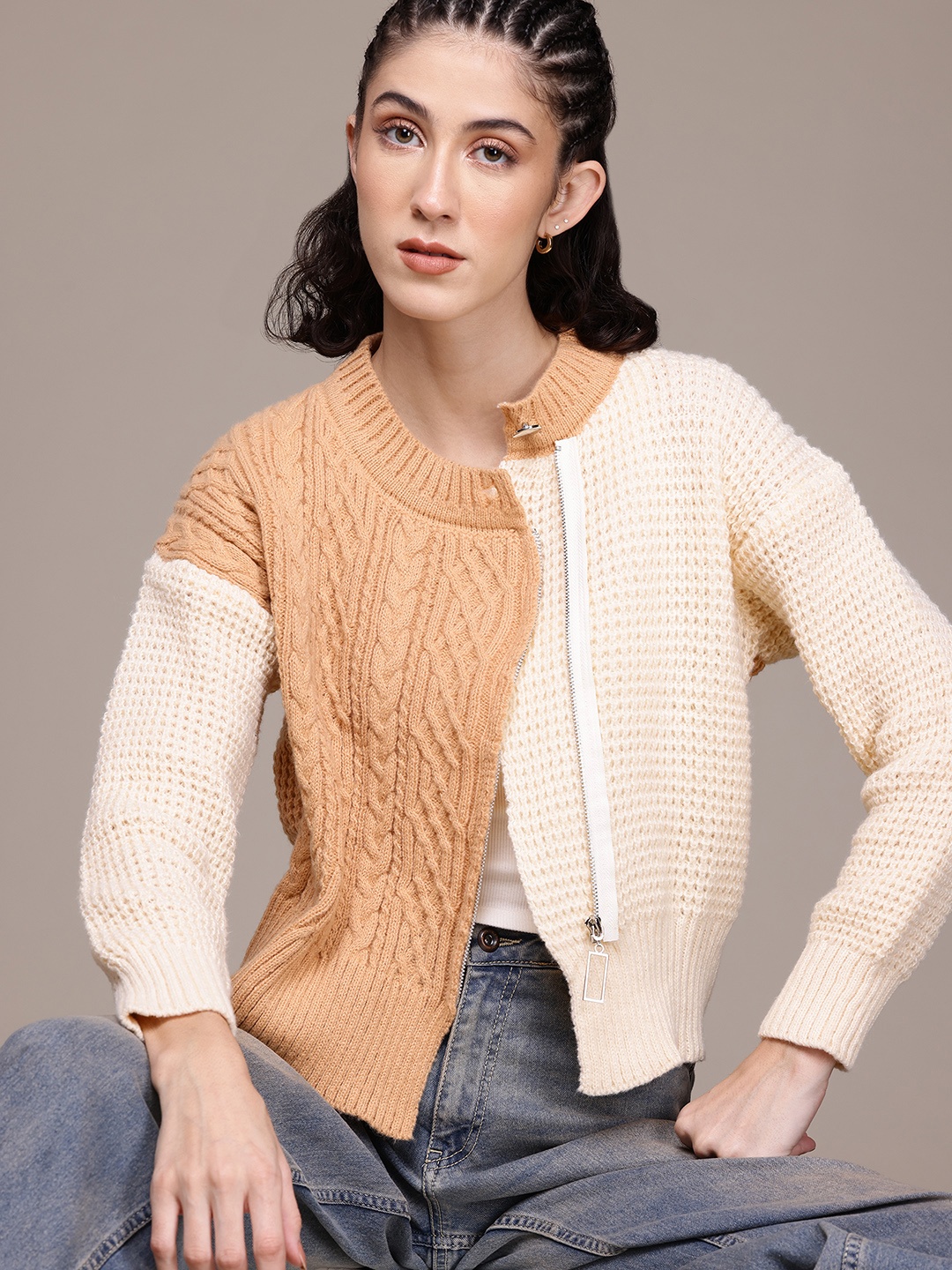 

Roadster Colourblocked Woollen Lightweight Jacket, Cream