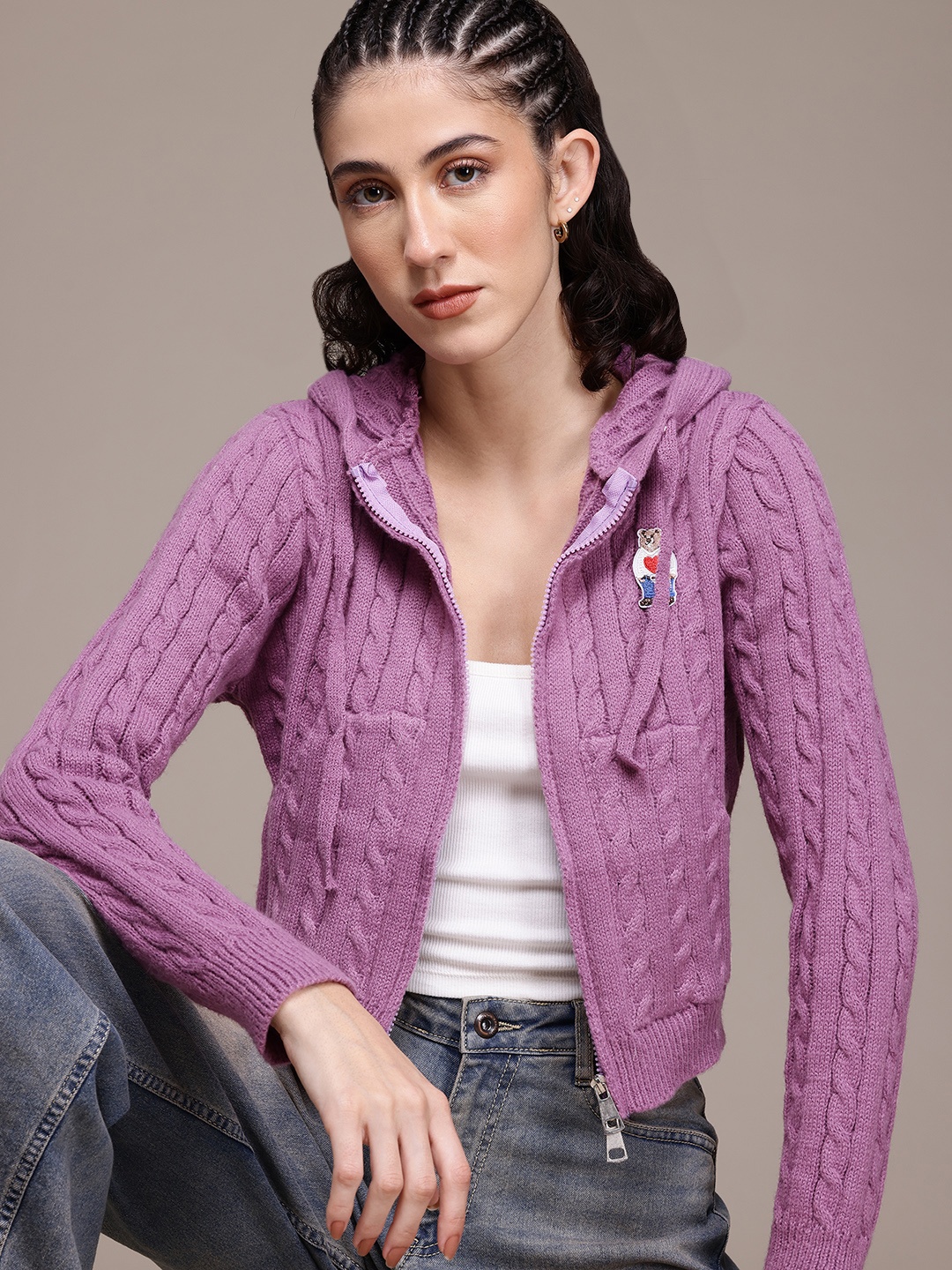 

Roadster Women Woollen Lightweight Embroidered Jacket, Purple