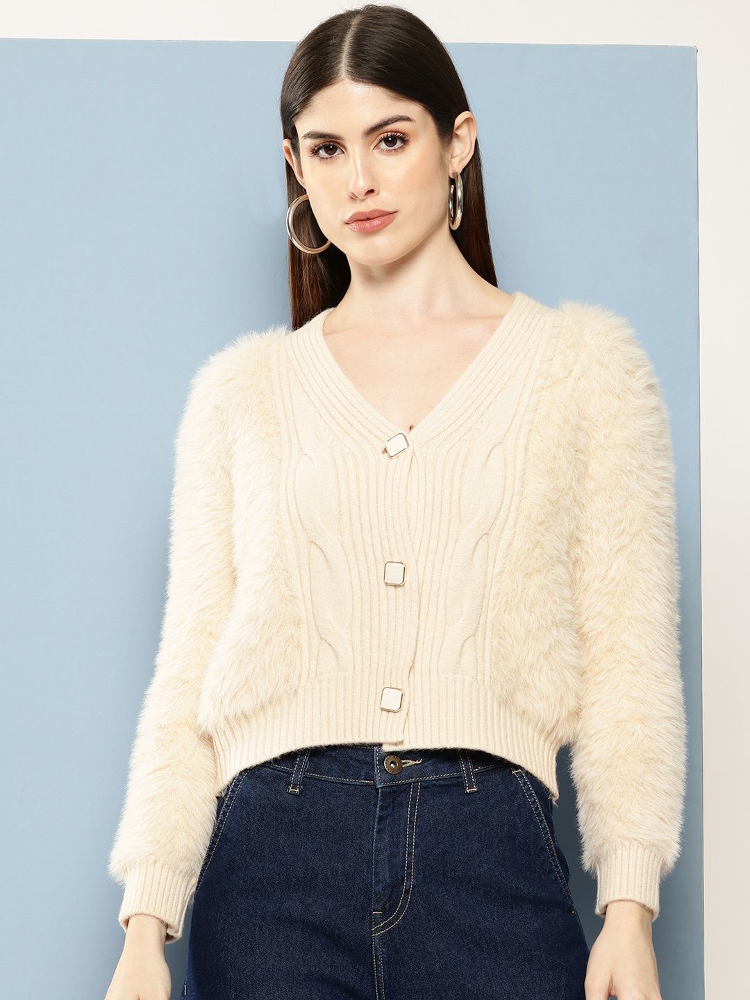 

Chemistry Boucle Woollen Cardigan with Fuzzy Detail, Cream