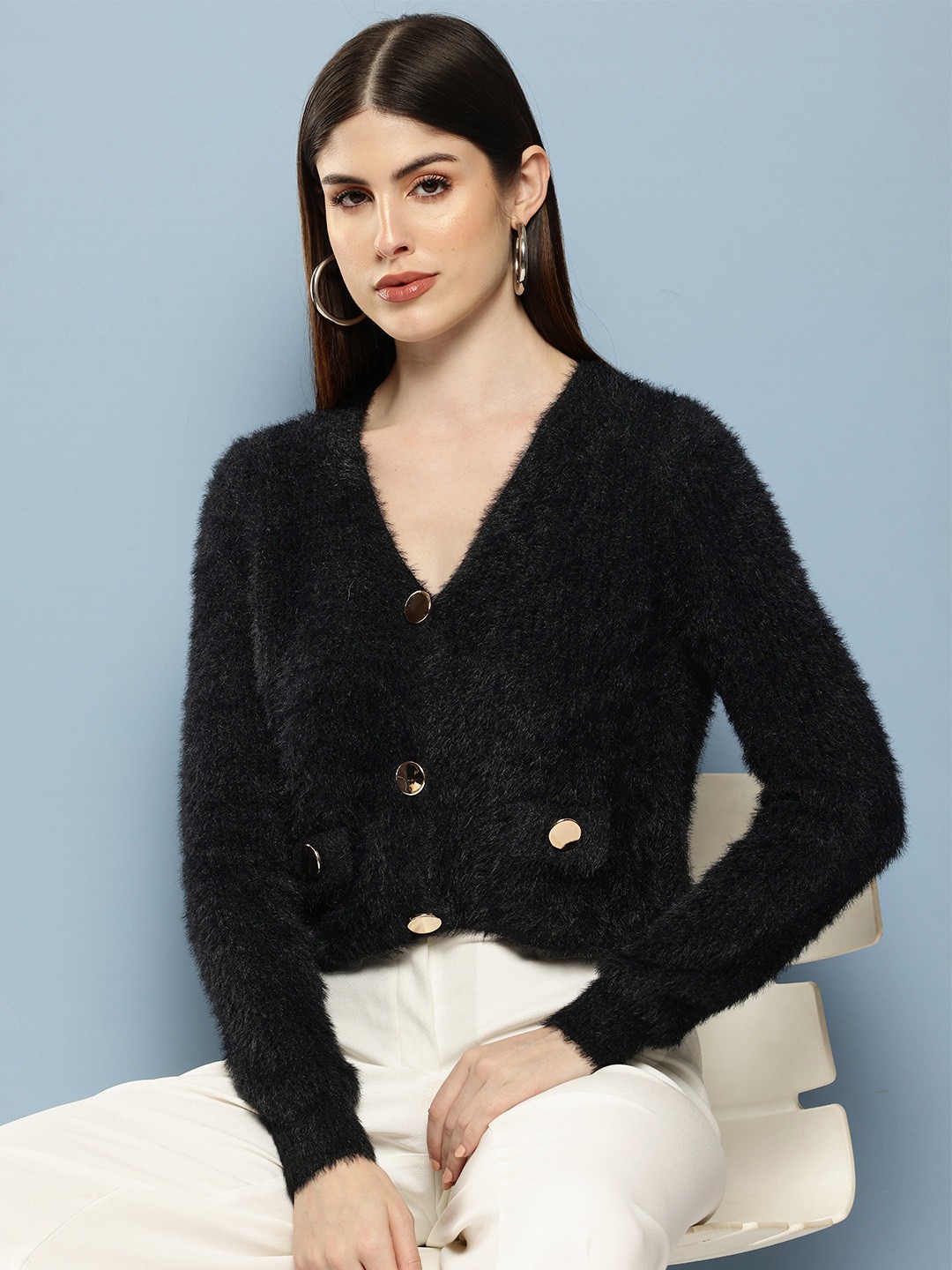 

Chemistry Women Woollen Cardigan with Stylised Buttons, Black