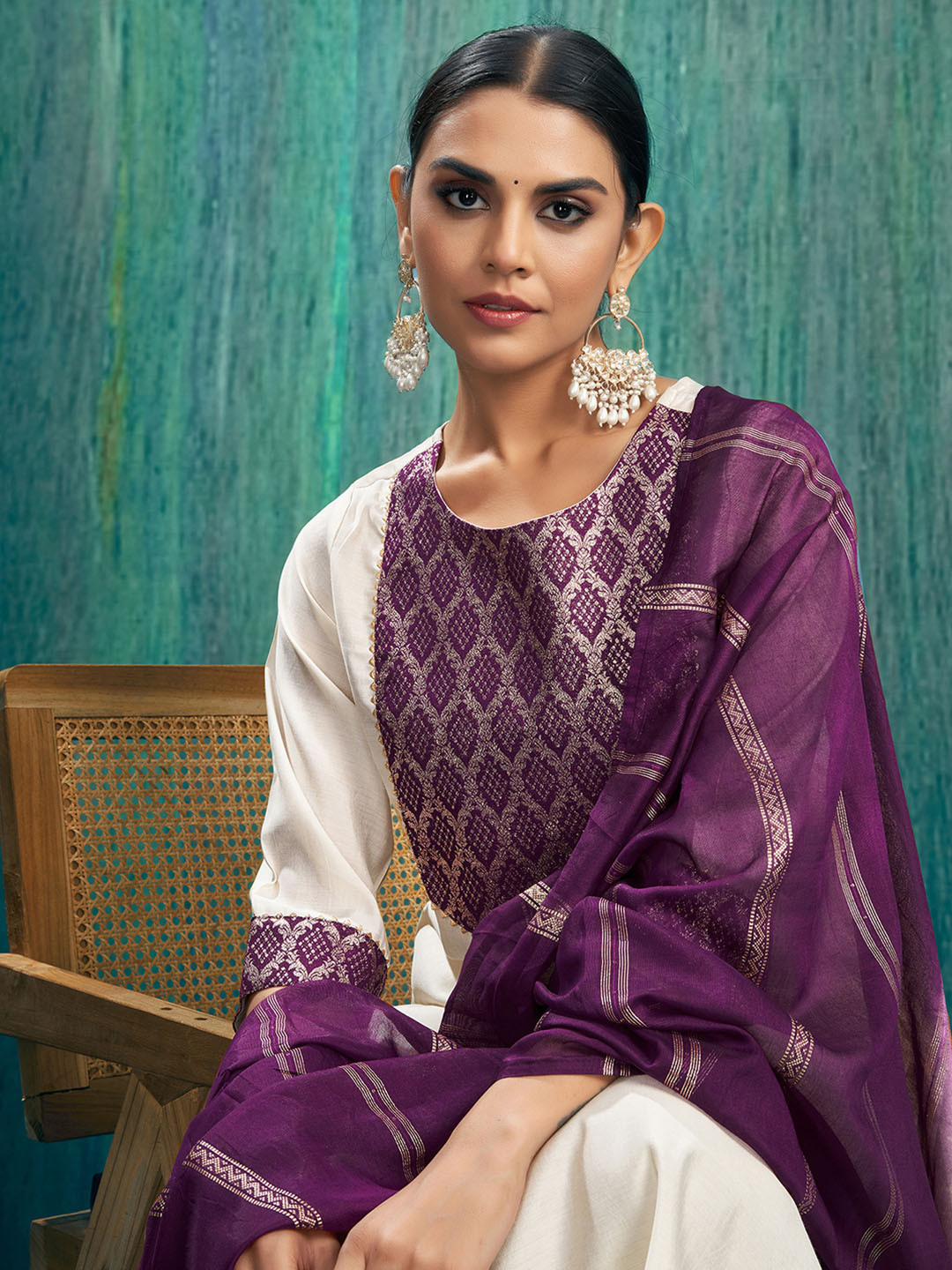 

KALINI Geometric Yoke Design Straight Kurta With Trousers & Dupatta, Off white
