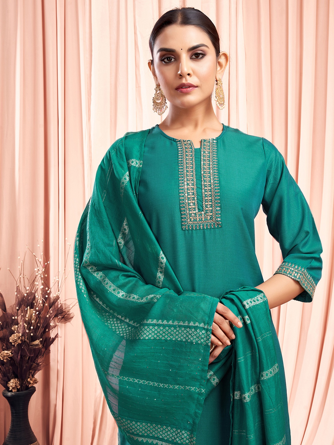 

KALINI Floral Yoke Design Straight Kurta with Trousers & Dupatta, Green
