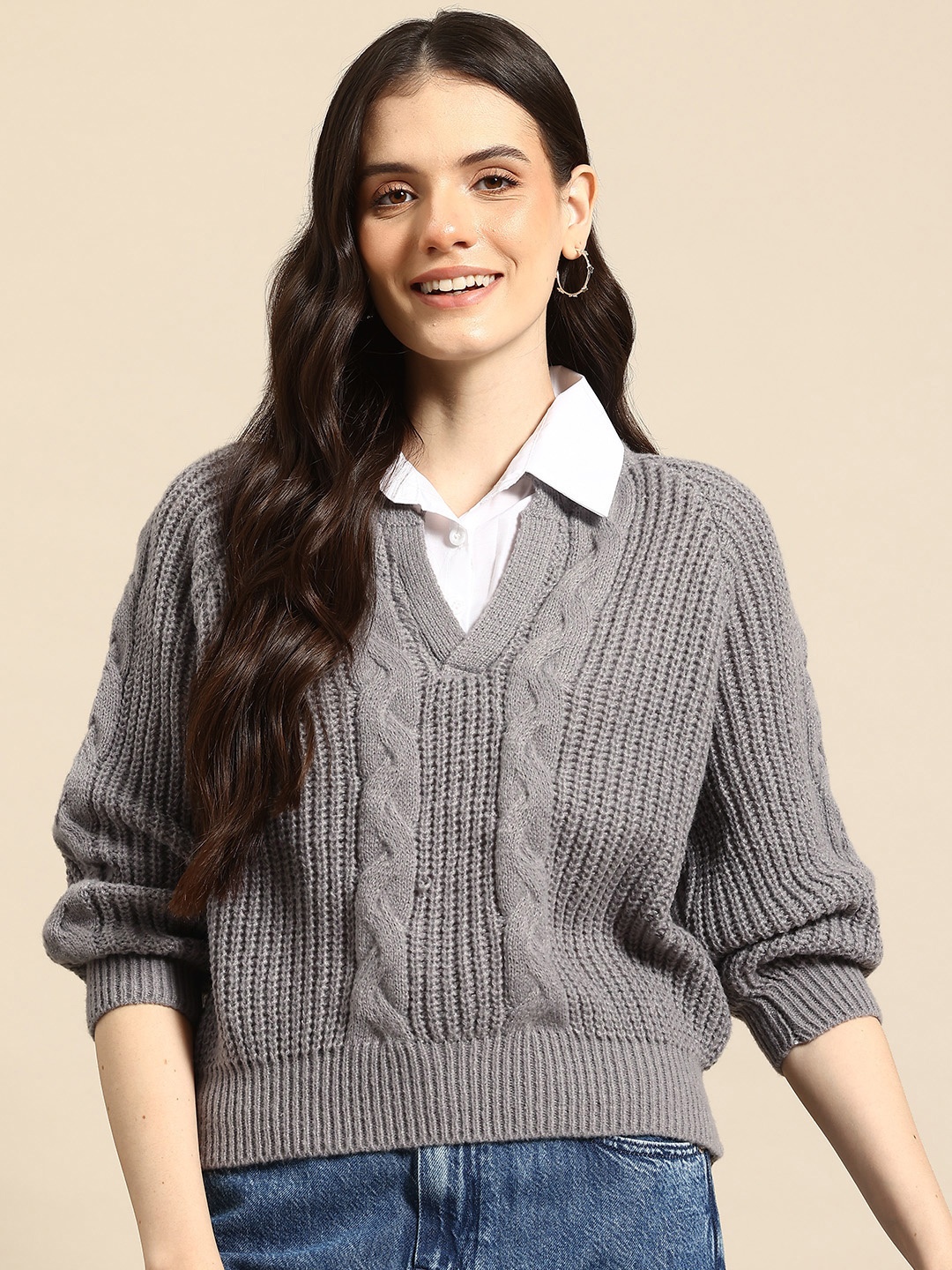 

Mast & Harbour Women Woollen Pullover with Mock Shirt Collar, Grey