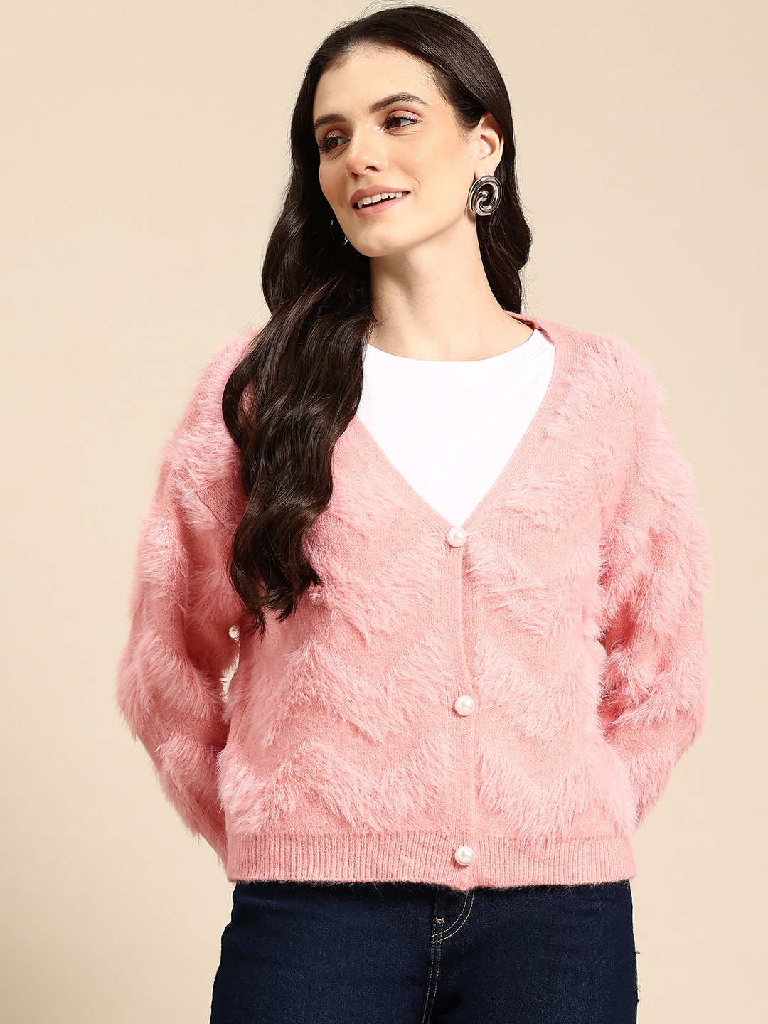 

Mast & Harbour Boucle Woollen Cardigan with Fuzzy Detail, Pink