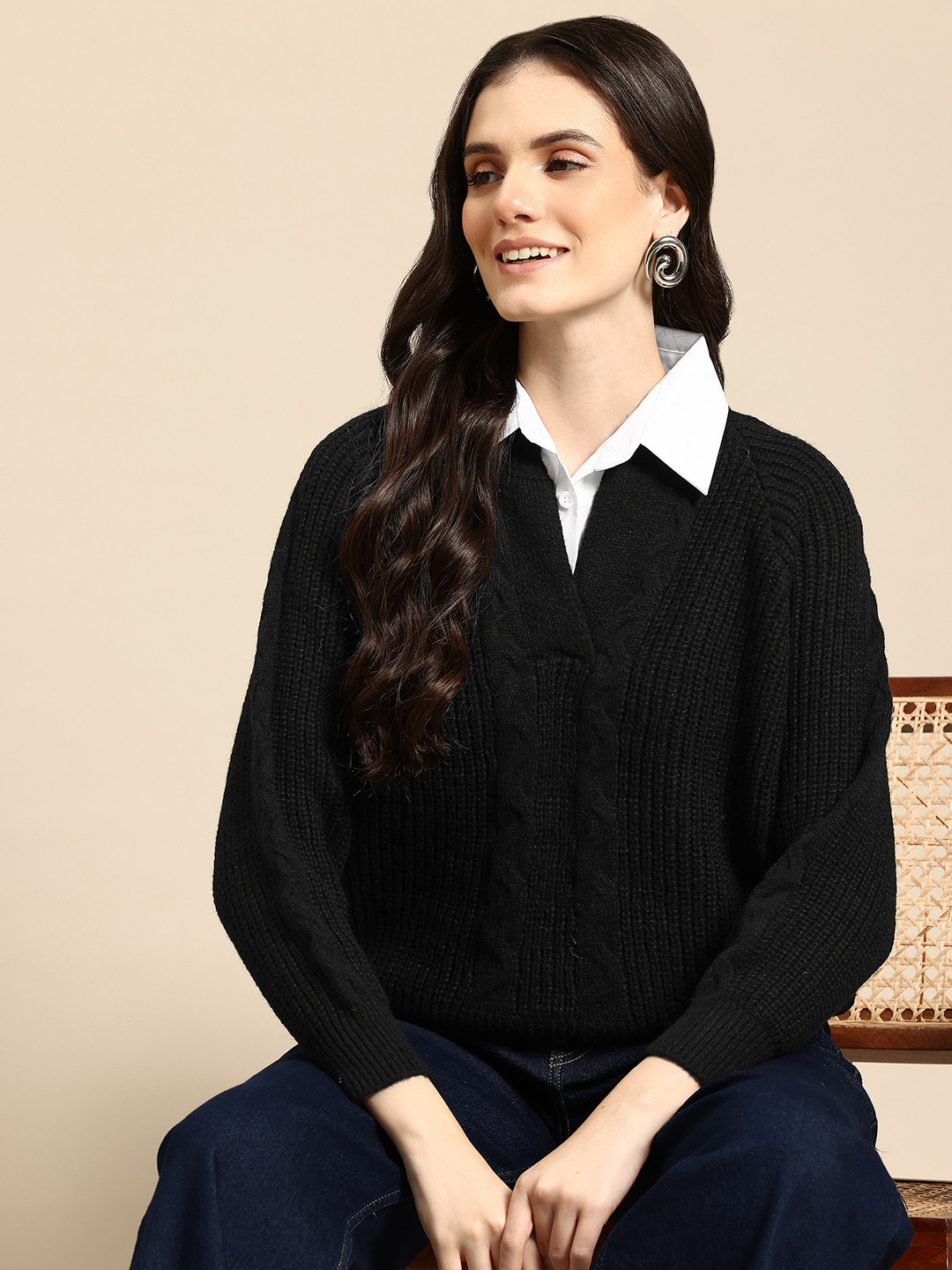 

Mast & Harbour Cable Knit Woollen Pullover, Black