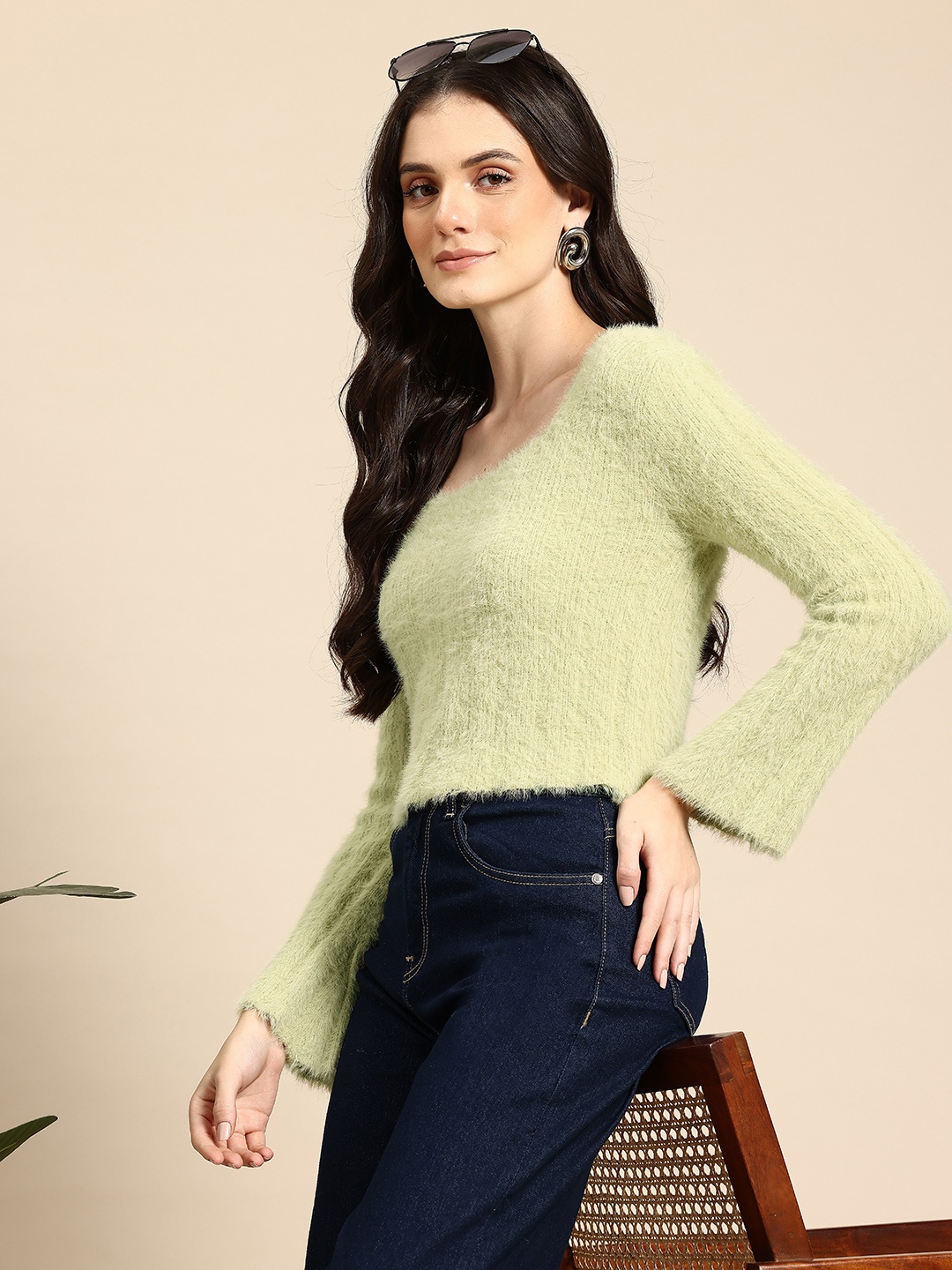 

Mast & Harbour Boucle Woollen Pullover with Fuzzy Detail, Green