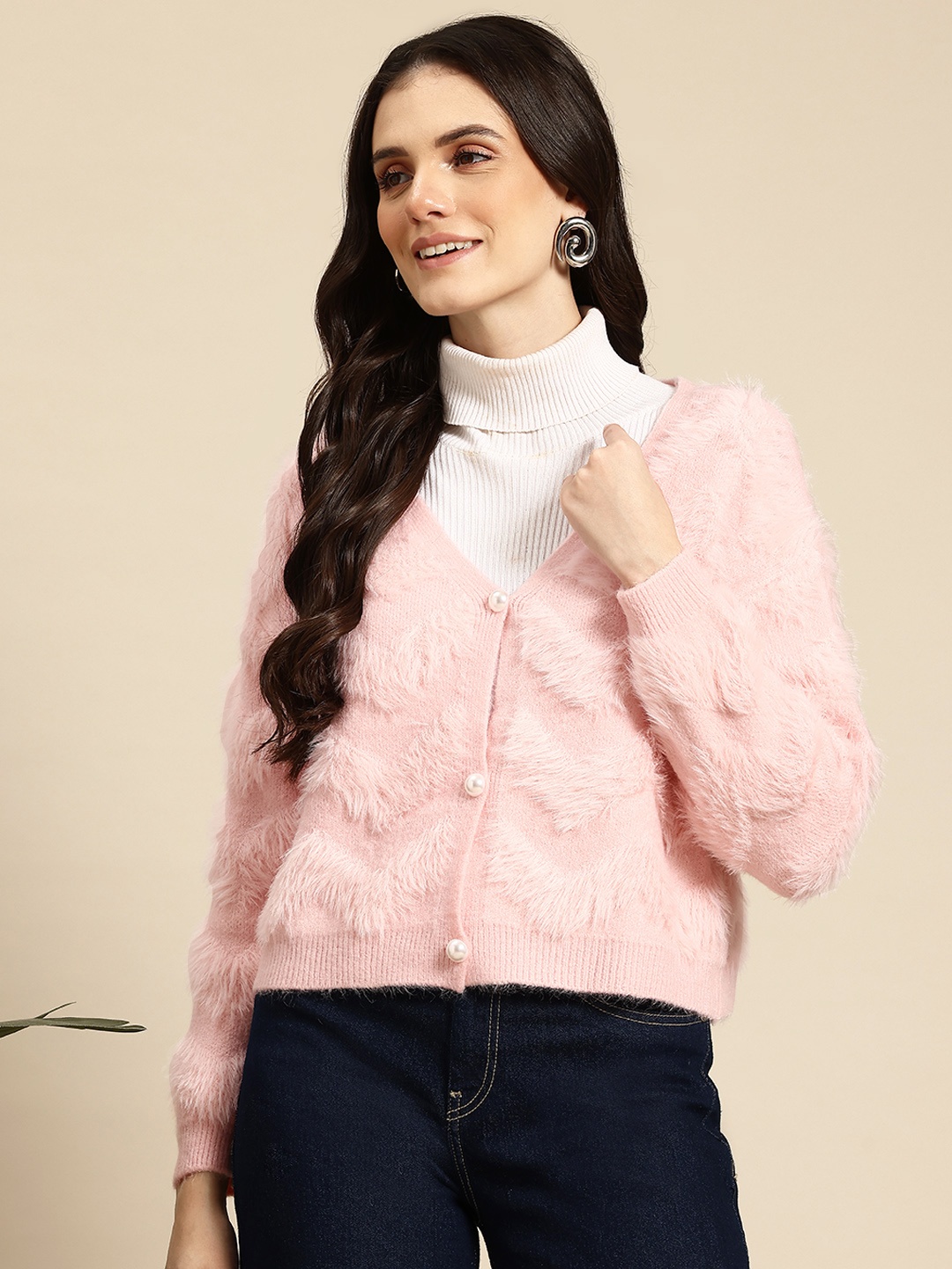 

Mast & Harbour Boucle Woollen Cardigan with Fuzzy Detail, Pink
