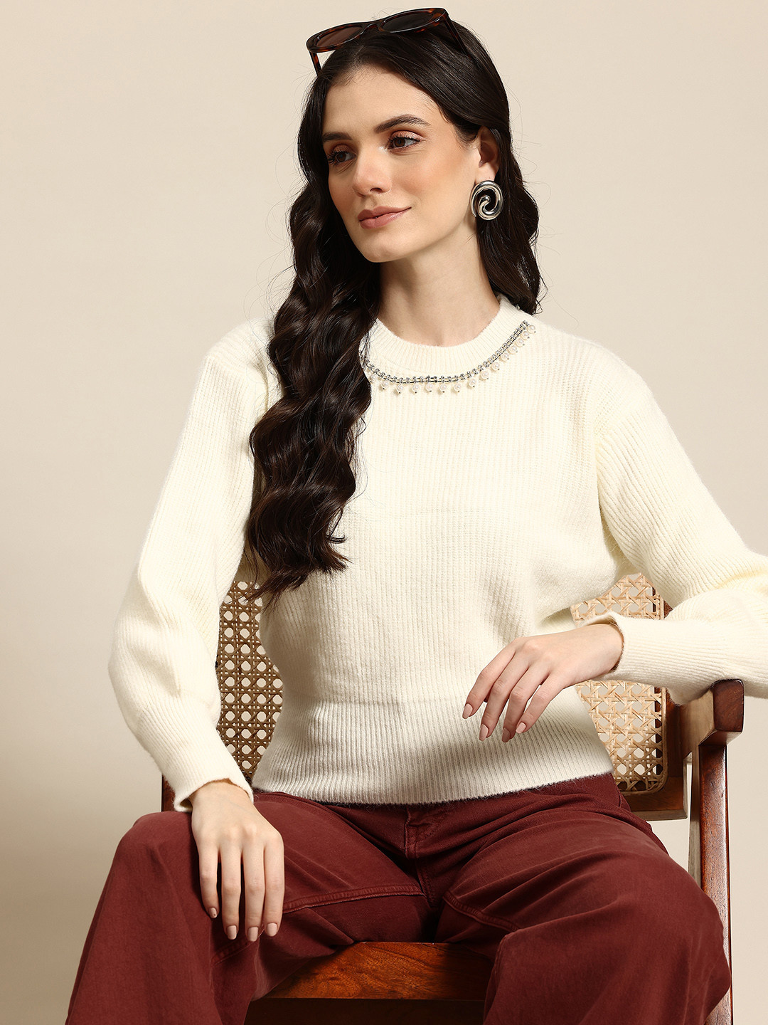 

Mast & Harbour Woollen Pullover with Embellished Detail, Cream