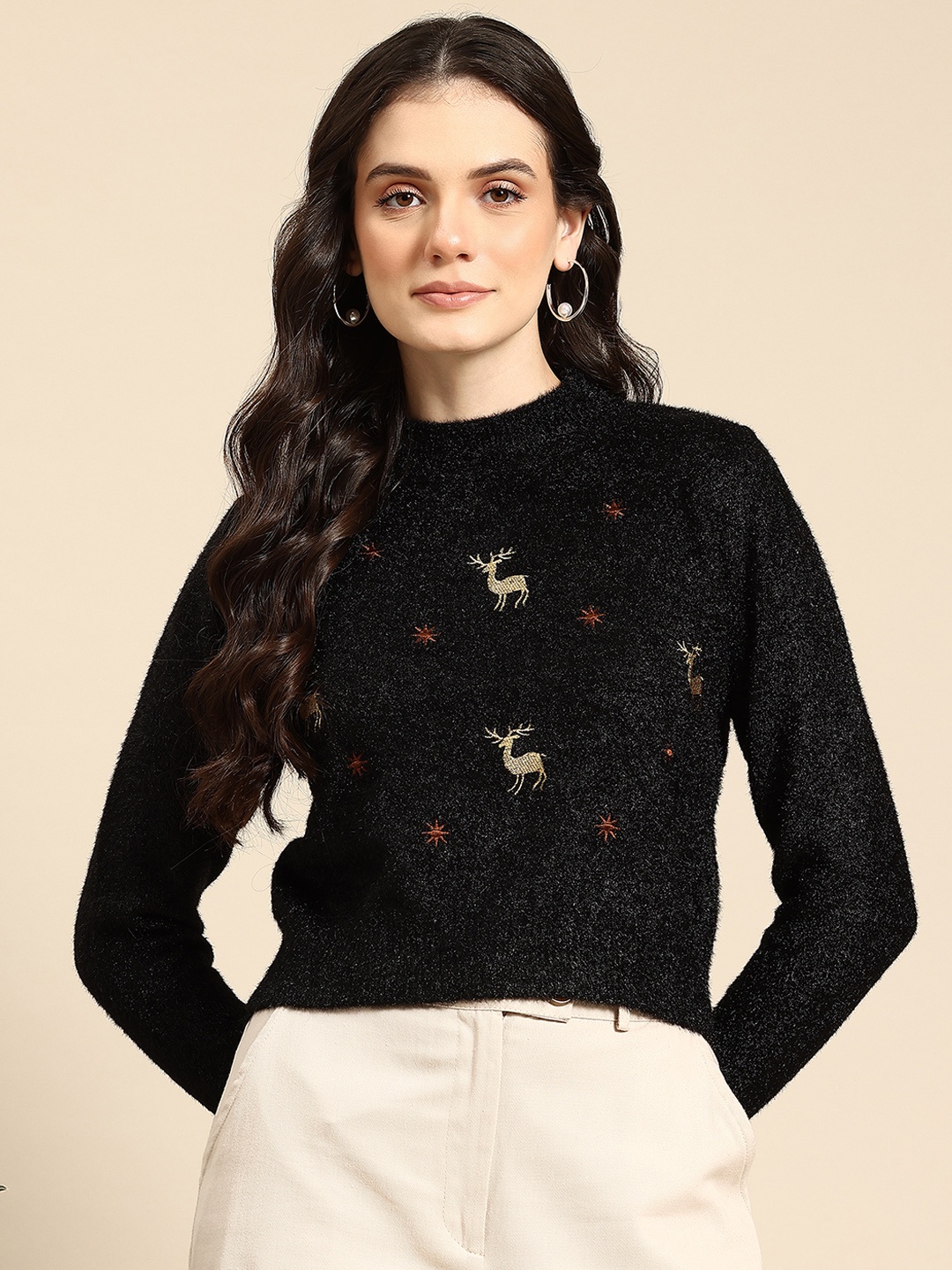 

Mast & Harbour Woollen Crop Pullover, Black