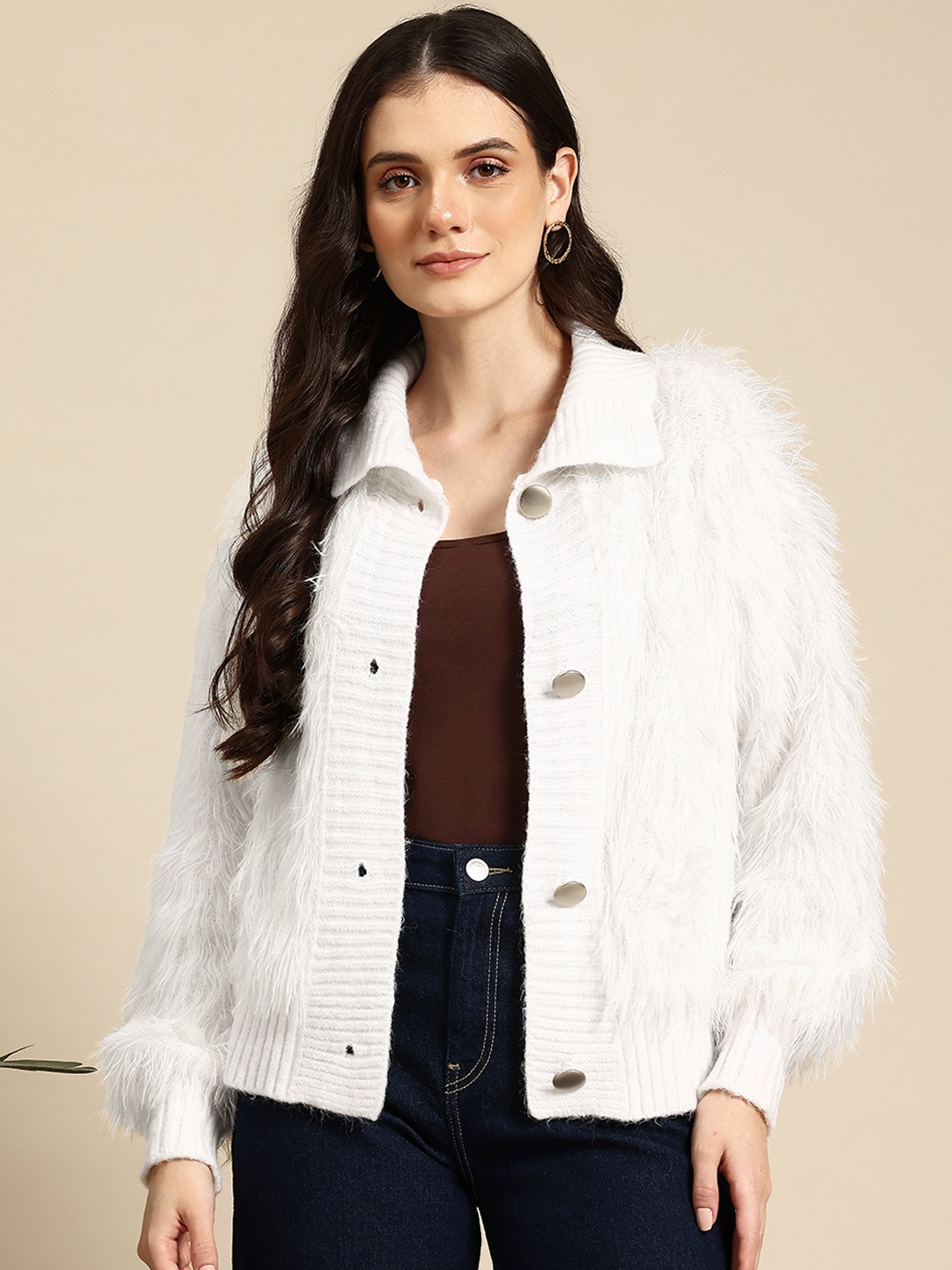 Mast & Harbour Boucle Woollen with Fuzzy Detail, White