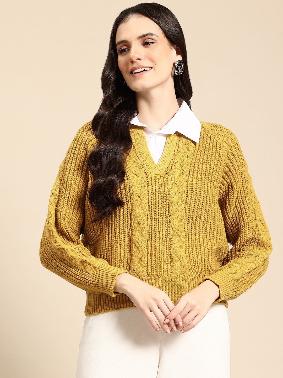 

Mast & Harbour Cable Knit Woollen Crop Pullover, Mustard