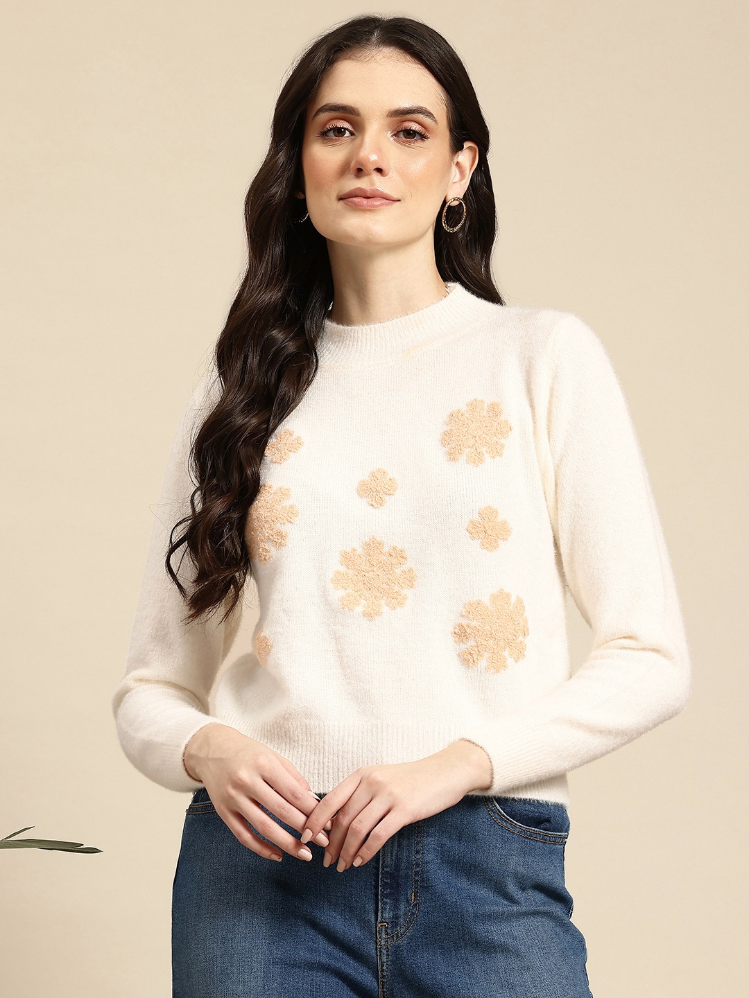 Mast & Harbour Floral Woollen Pullover with Embroidered Detail, White