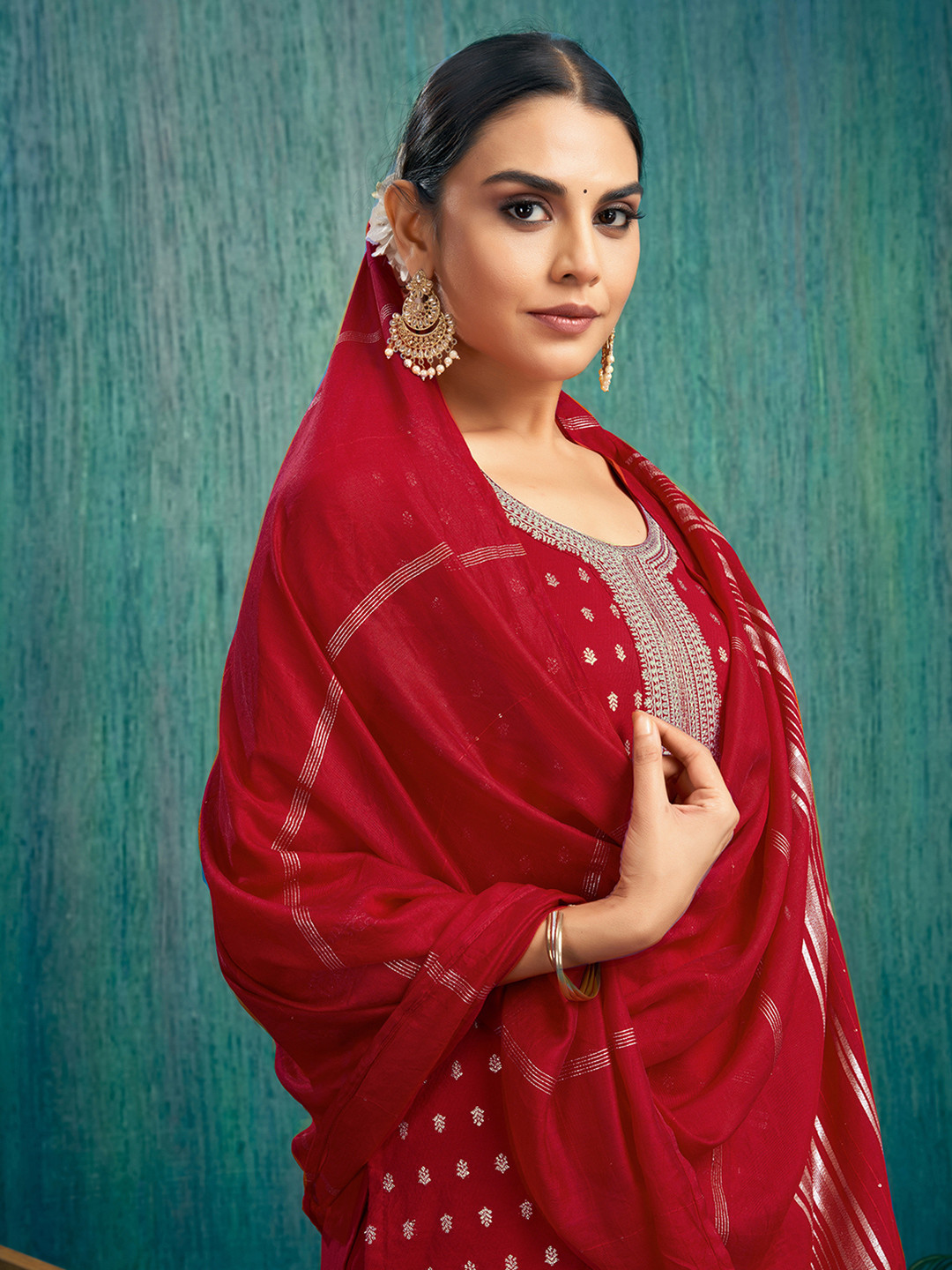 

KALINI Ethnic Motifs Embroidered Sequinned Straight Kurta with Trousers & Dupatta, Red