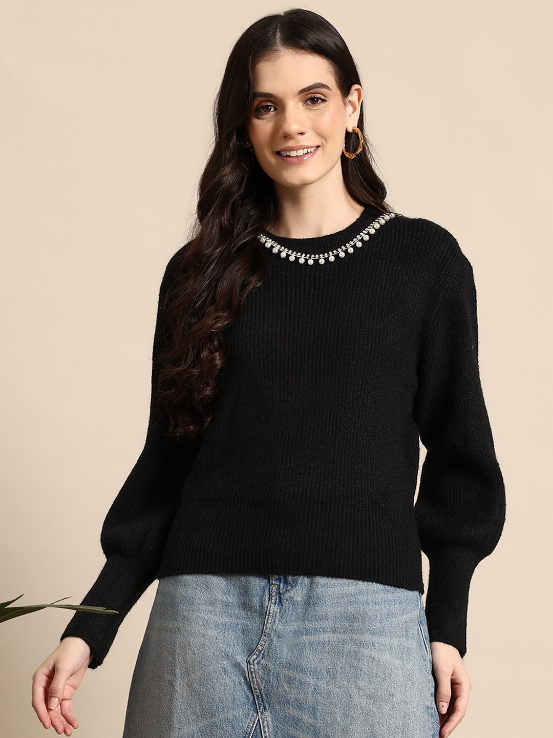 

Mast & Harbour Ribbed Woollen Pullover with Embellished Detail, Black