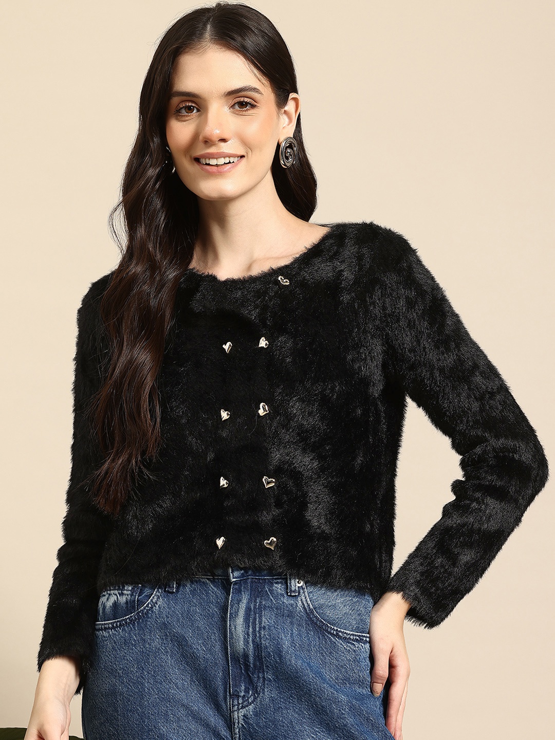 

Mast & Harbour Women Woollen Cardigan with Fuzzy Detail, Black