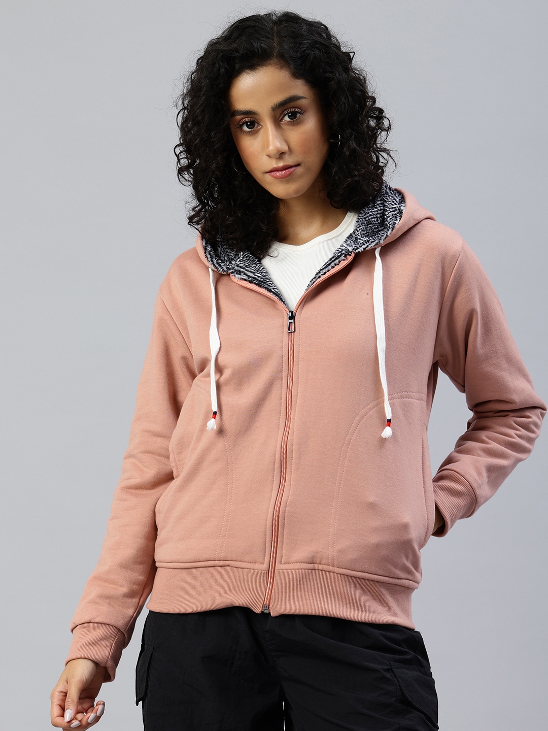 

ADBUCKS Fur Lined Hooded Sweatshirt, Peach