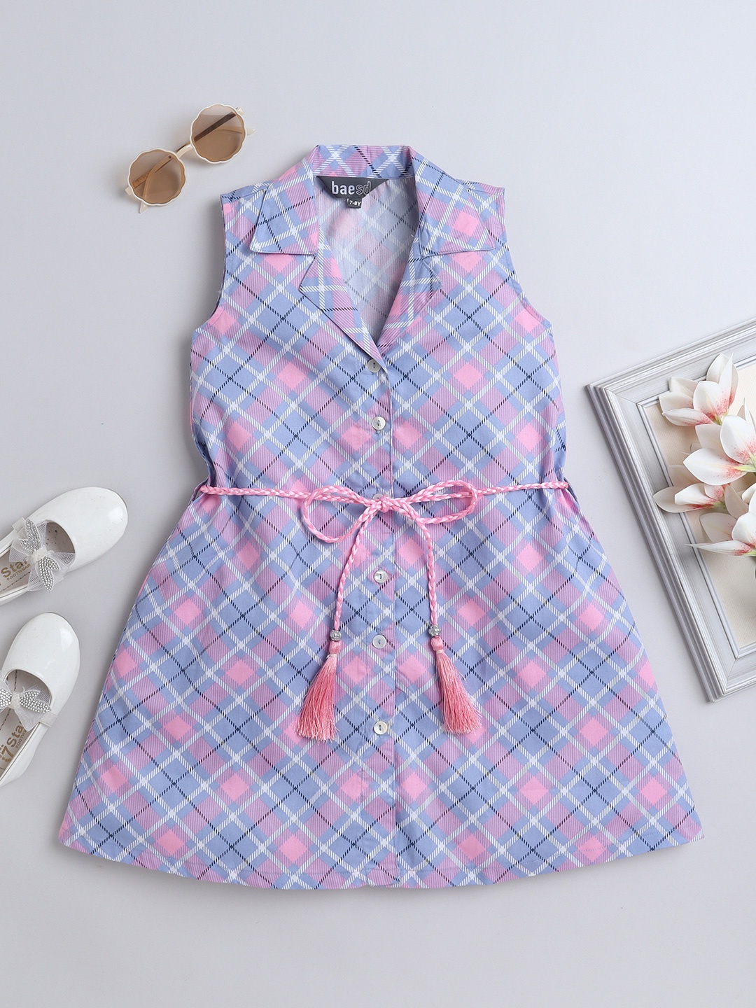 

BAESD Girls Checked Printed A-Line Dress, Sea green