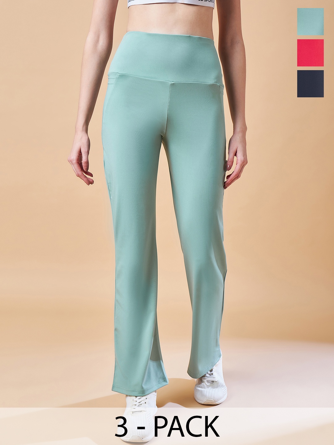COLOR CAPITAL Pack Of 3 High Rise Ankle-Length Flared Tights, Sea green