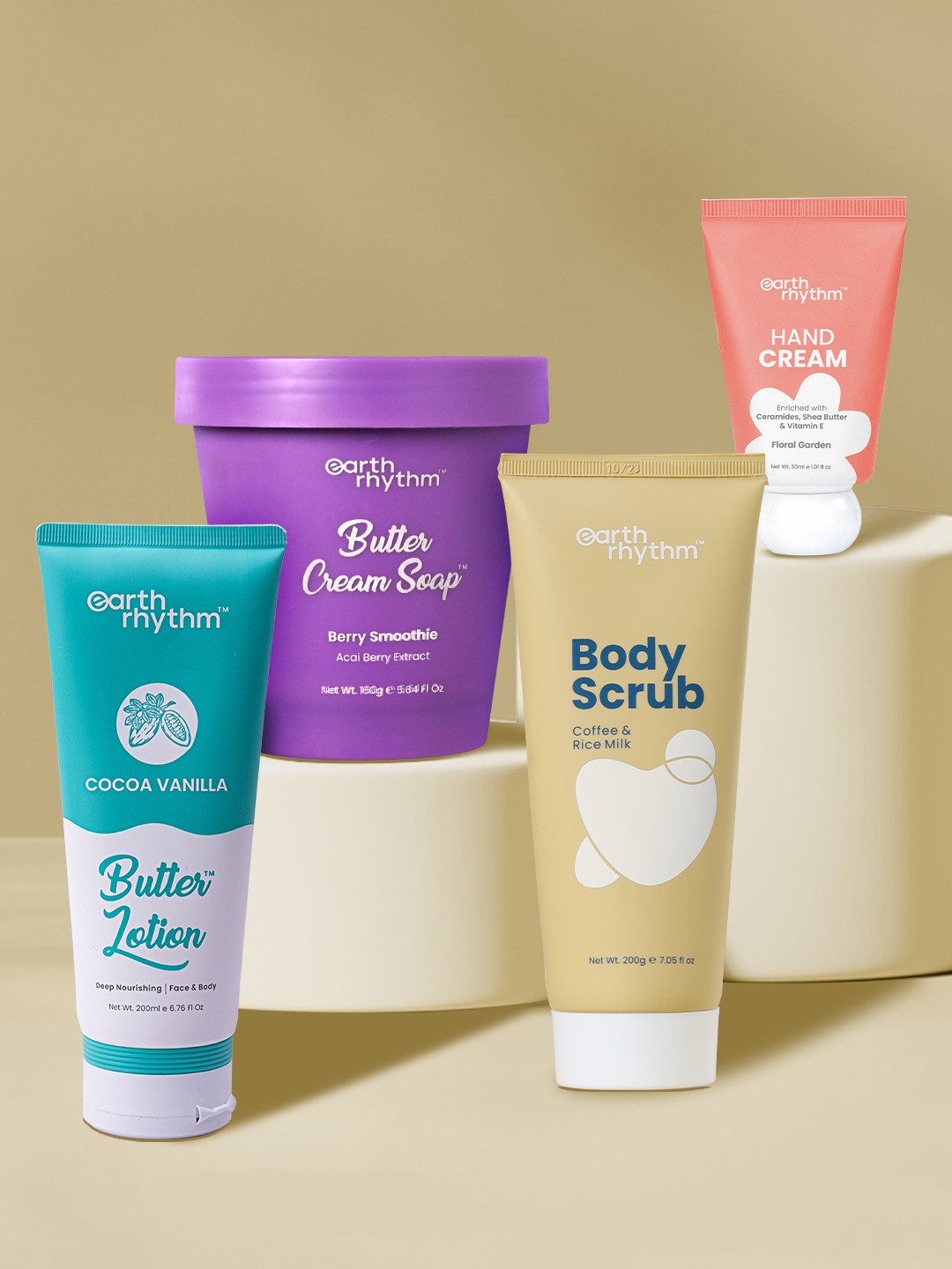 

Earth Rhythm 4Pcs Hand Cream 30ml, Body Scrub 200g, Soap 160g & Body Lotion 200ml Combo, Blue