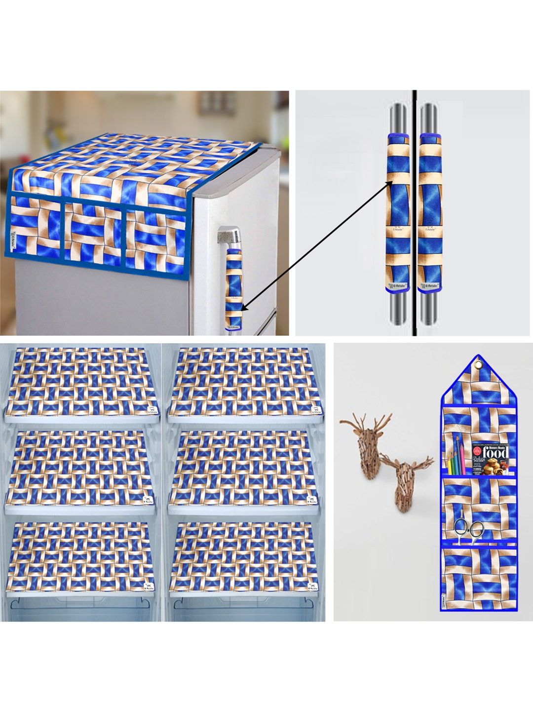 

E-Retailer Blue & Brown Geometric Printed Fridge Appliance Cover Combo Set