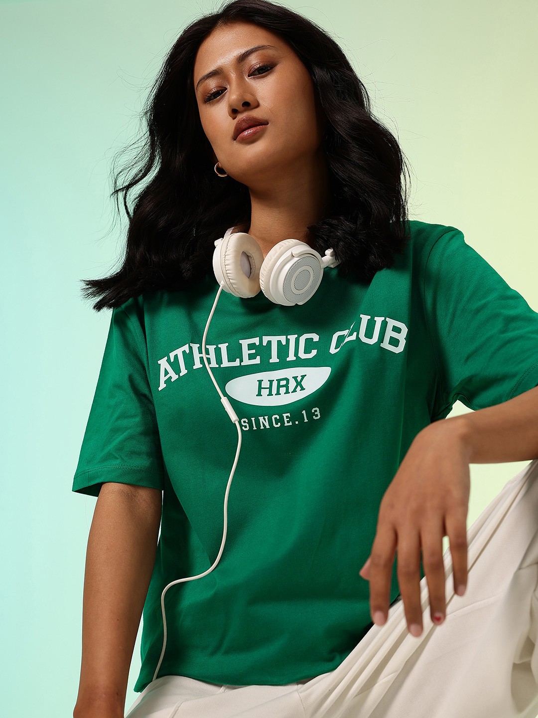 

HRX by Hrithik Roshan Women Typography Printed Relaxed Fit Pure Cotton T-shirt, Green