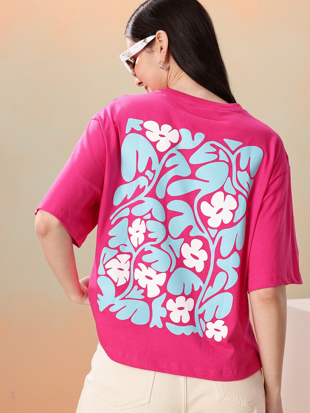 

Mast & Harbour Printed Drop-Shoulder Sleeves Oversized Pure Cotton T-shirt, Pink