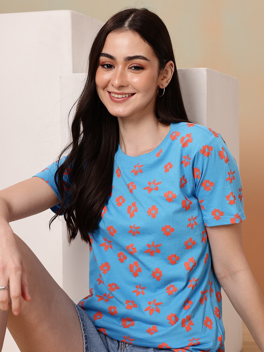 

Mast & Harbour Floral Printed Pure Cotton T-shirt, Blue