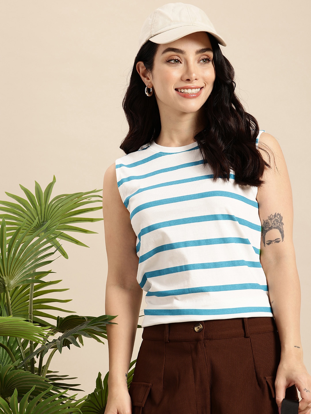 

Mast & Harbour Pure Cotton Sleeveless Striped T-shirt, White