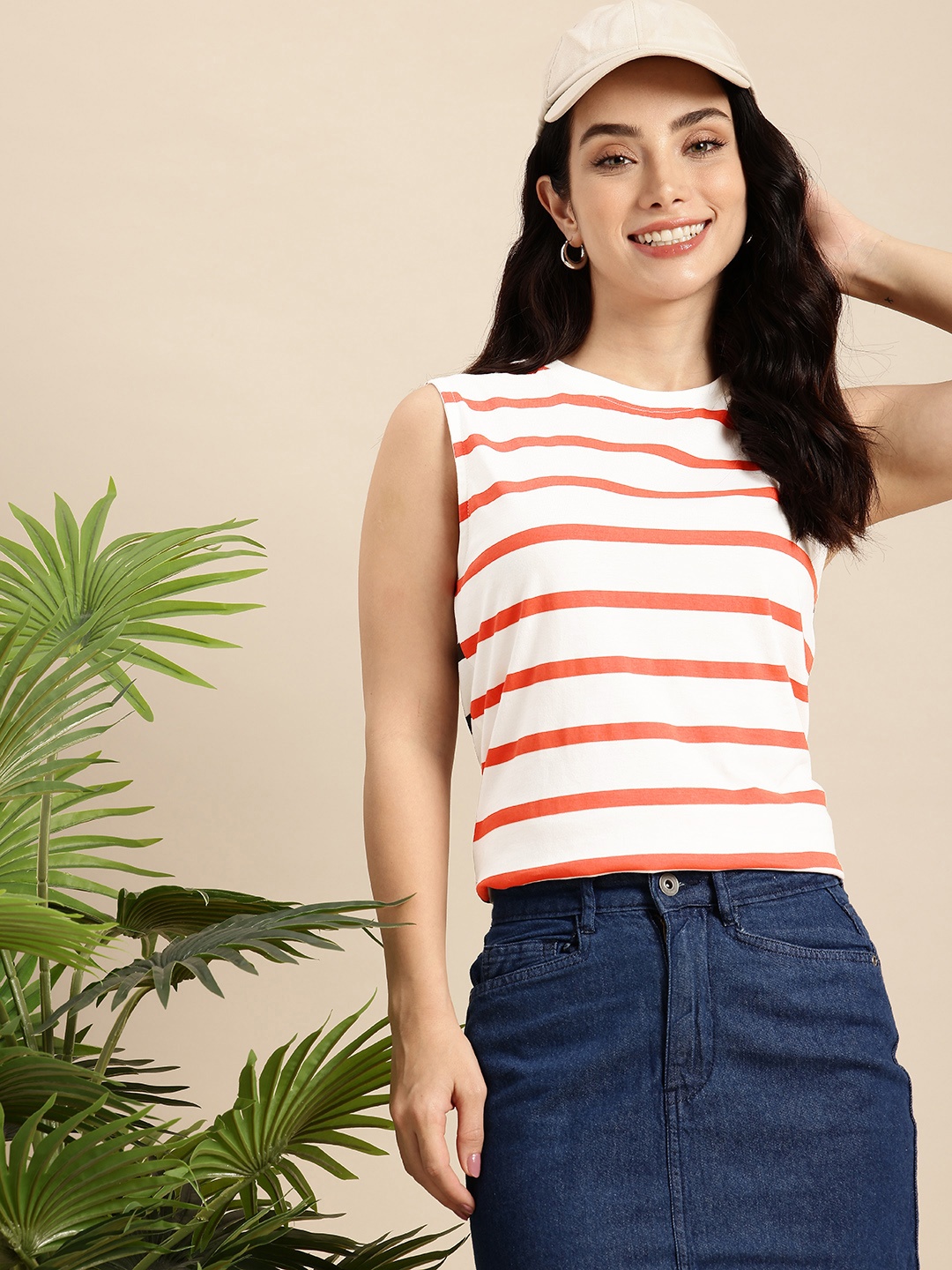 

Mast & Harbour Pure Cotton Sleeveless Striped T-shirt, White