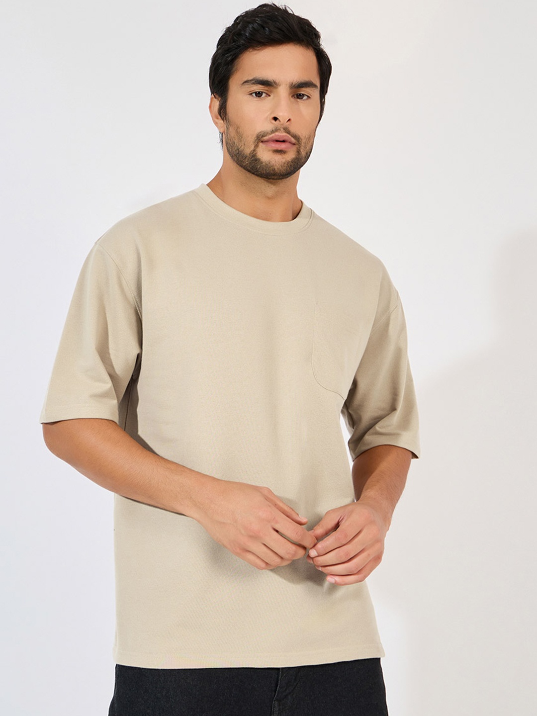 

Styli Men Solid Round Neck Cotton Oversized T-shirt, Beige