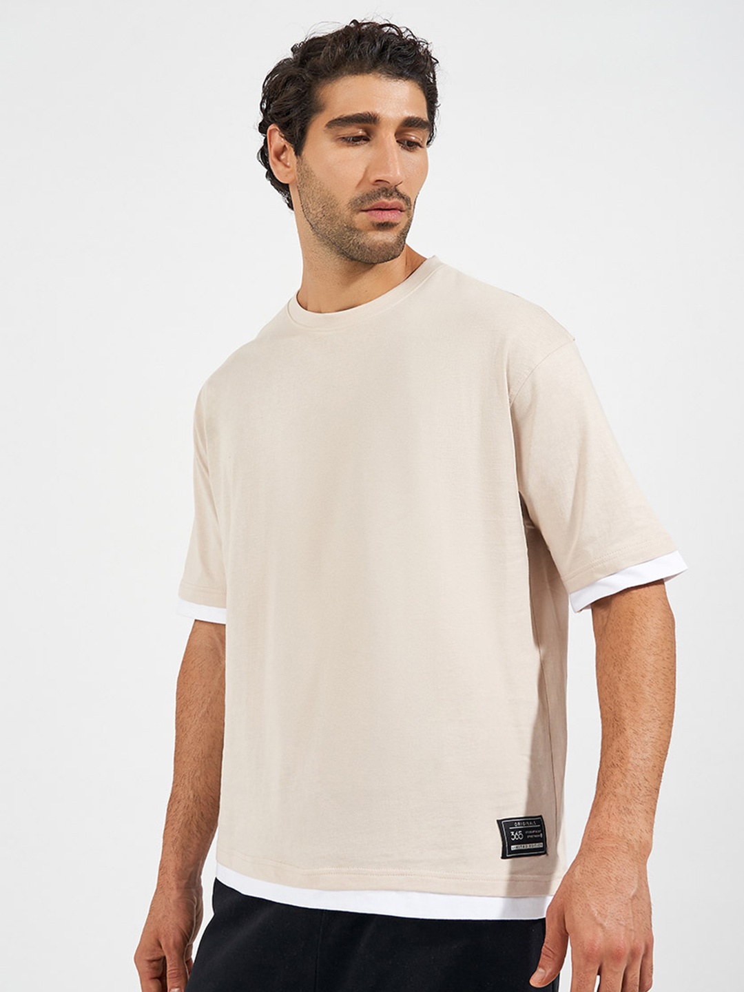 

Styli Men Solid Round Neck Cotton Oversized T-shirt, Cream