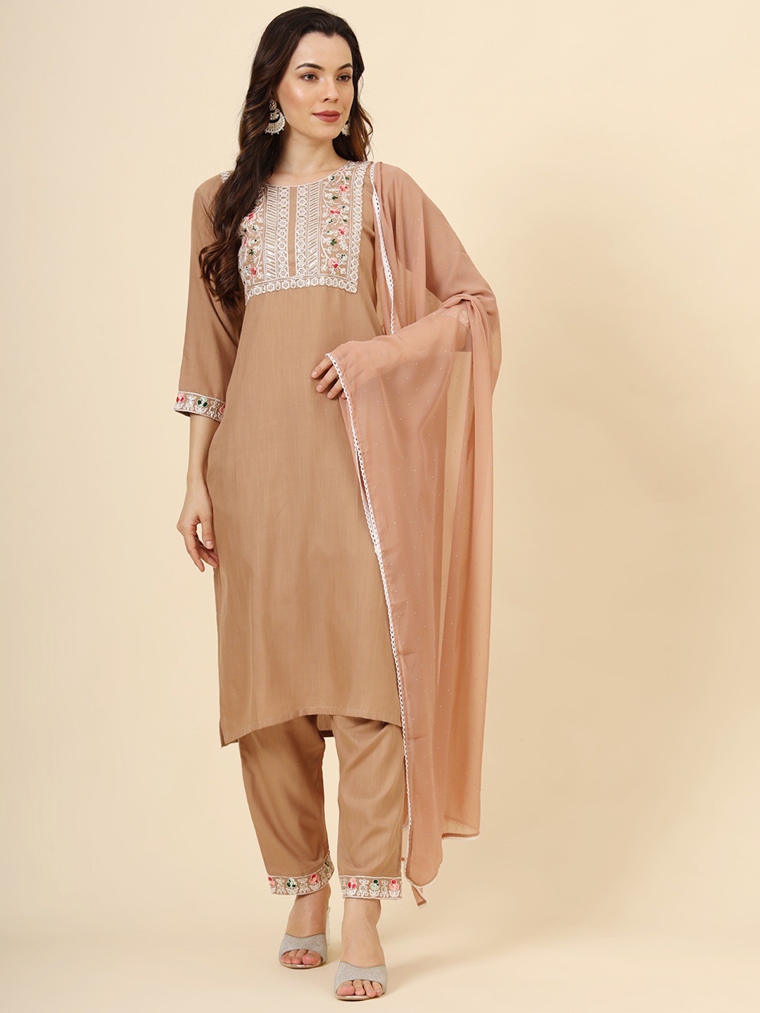

HERE&NOW Floral Embroidered Round Neck Sequin Work Kurta & Trouser & Dupatta, Beige