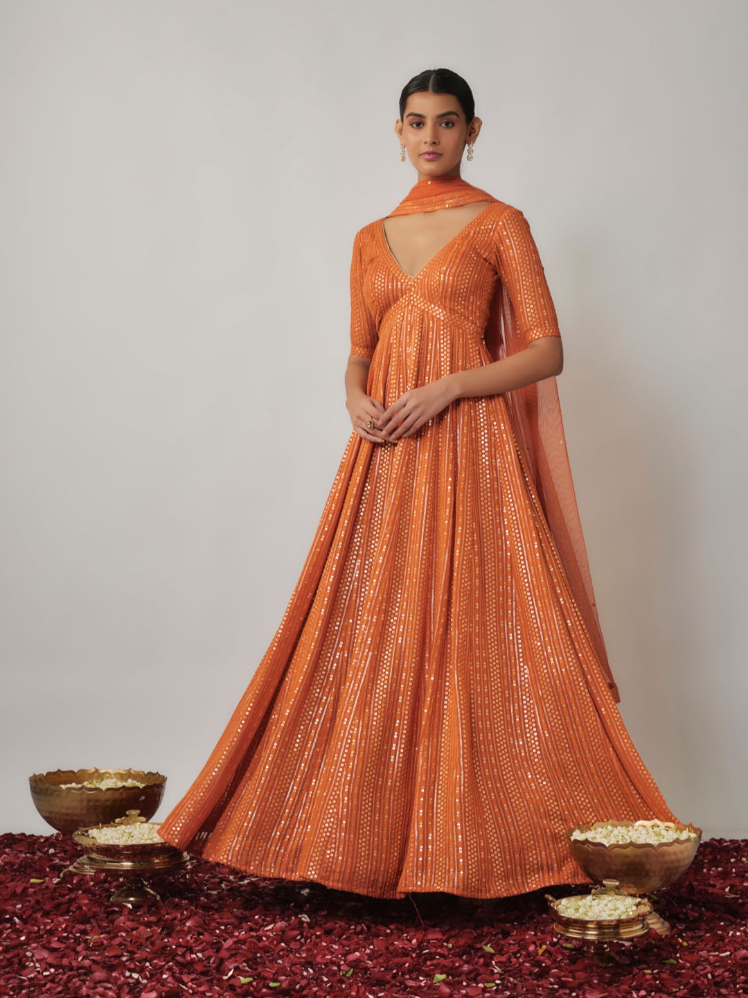 

Renee Label Sequinned Fit and Flare Ethnic Dresses With Dupatta, Orange