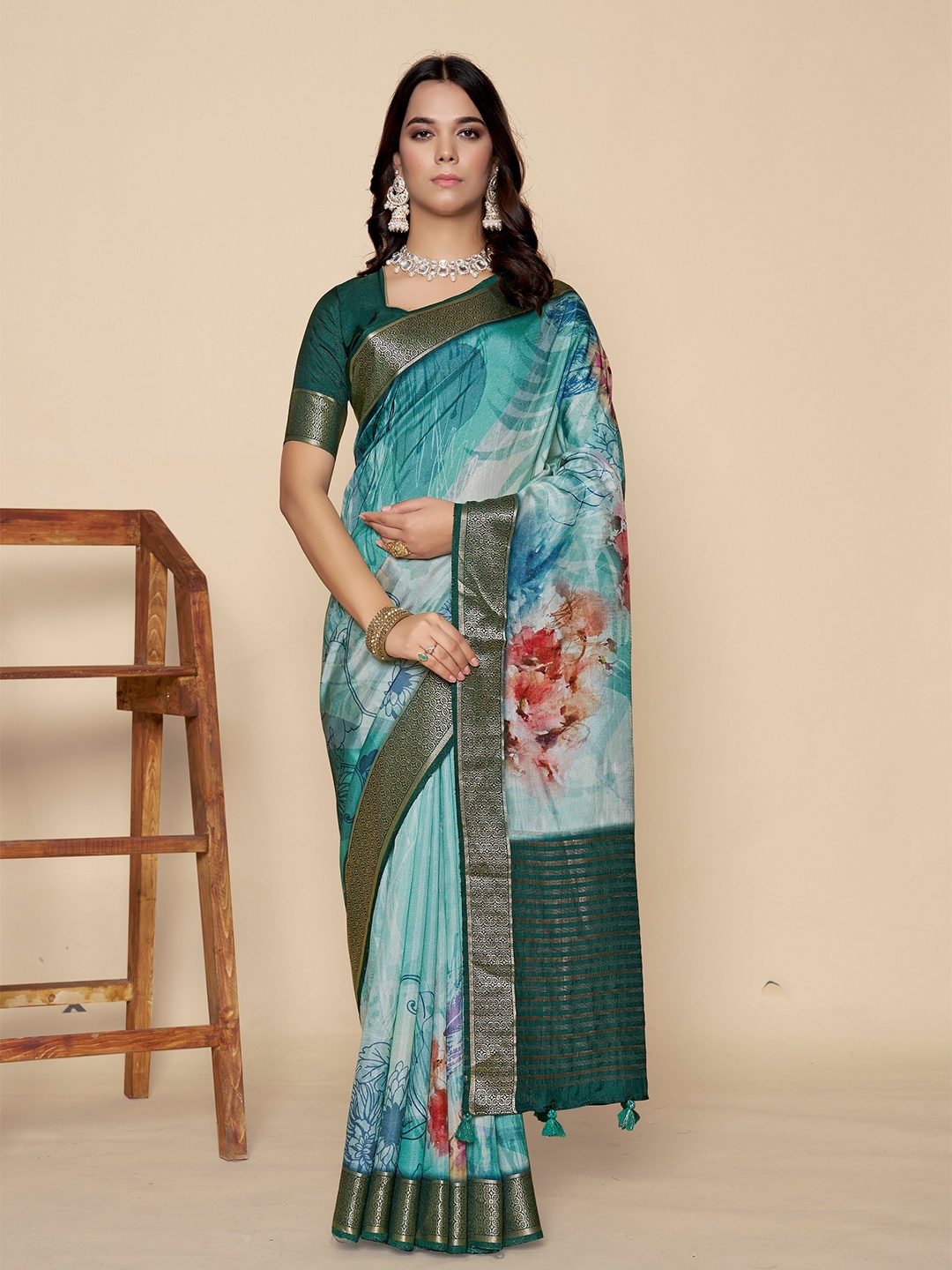 

ETHNIC TODAY Floral Zari Kanjeevaram Saree, Sea green